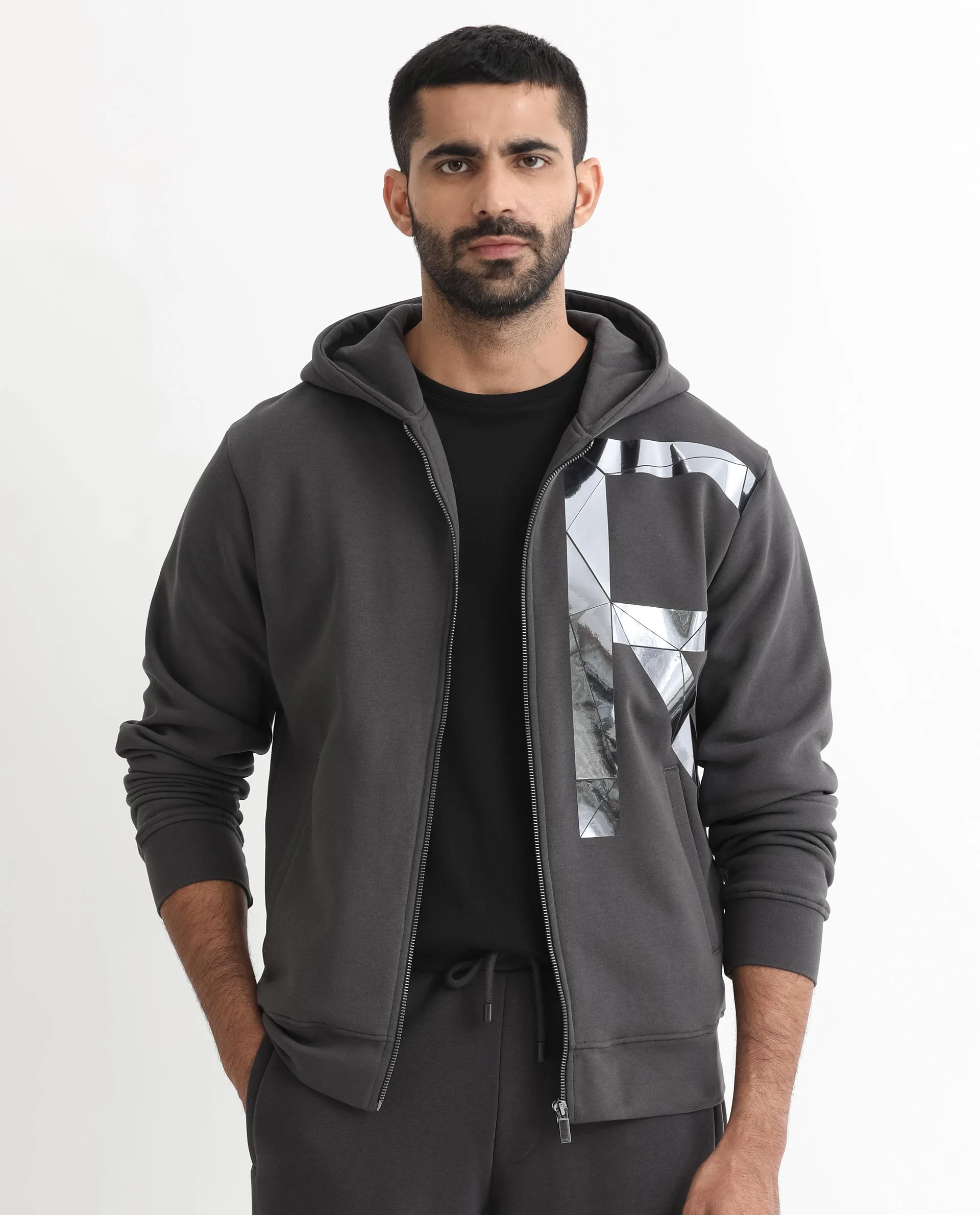 Rare Rabbit Men's Kaden Grey Cotton Graphic Print Regular Fit Full Sleeve Hooded Sweatshirt - Image 6