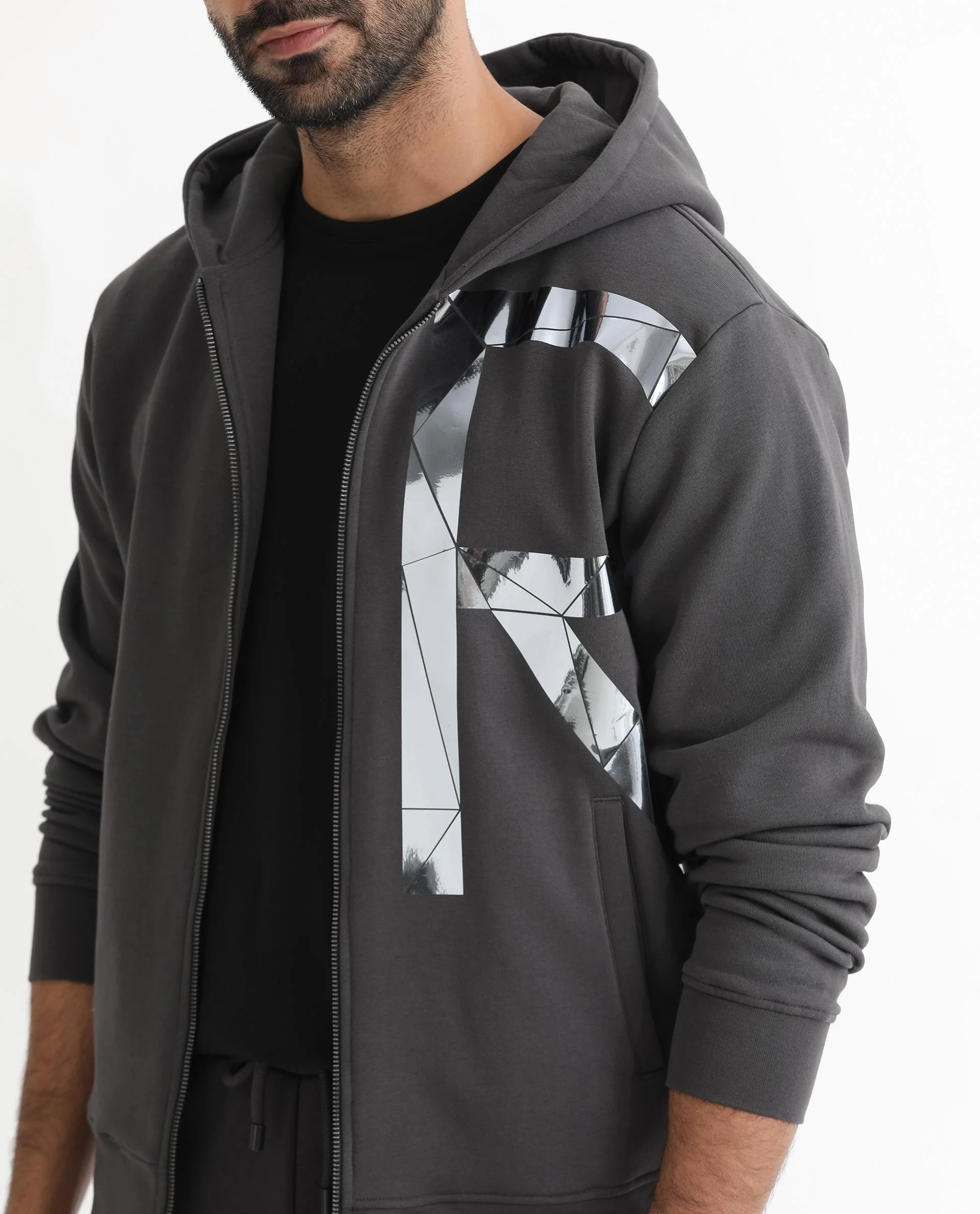 Rare Rabbit Men's Kaden Grey Cotton Graphic Print Regular Fit Full Sleeve Hooded Sweatshirt - Image 7