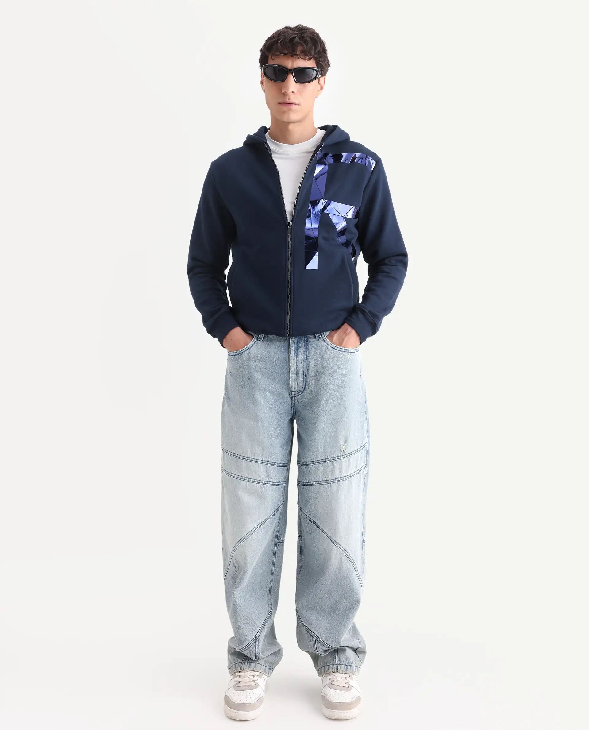 Rare Rabbit Men's Kaden Navy Cotton Graphic Print Regular Fit Full Sleeve Hooded Sweatshirt - Image 2