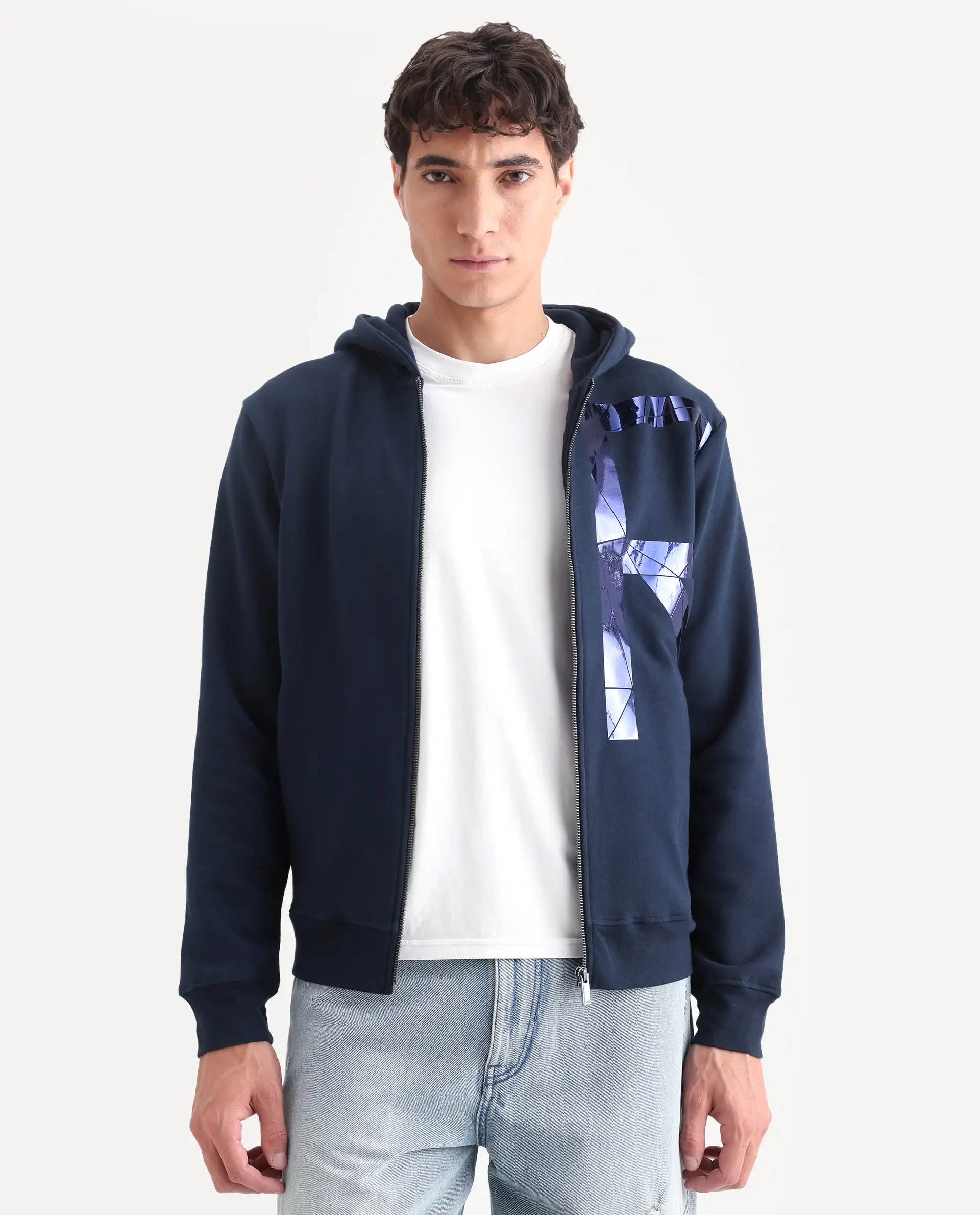 Rare Rabbit Men's Kaden Navy Cotton Graphic Print Regular Fit Full Sleeve Hooded Sweatshirt - Image 3