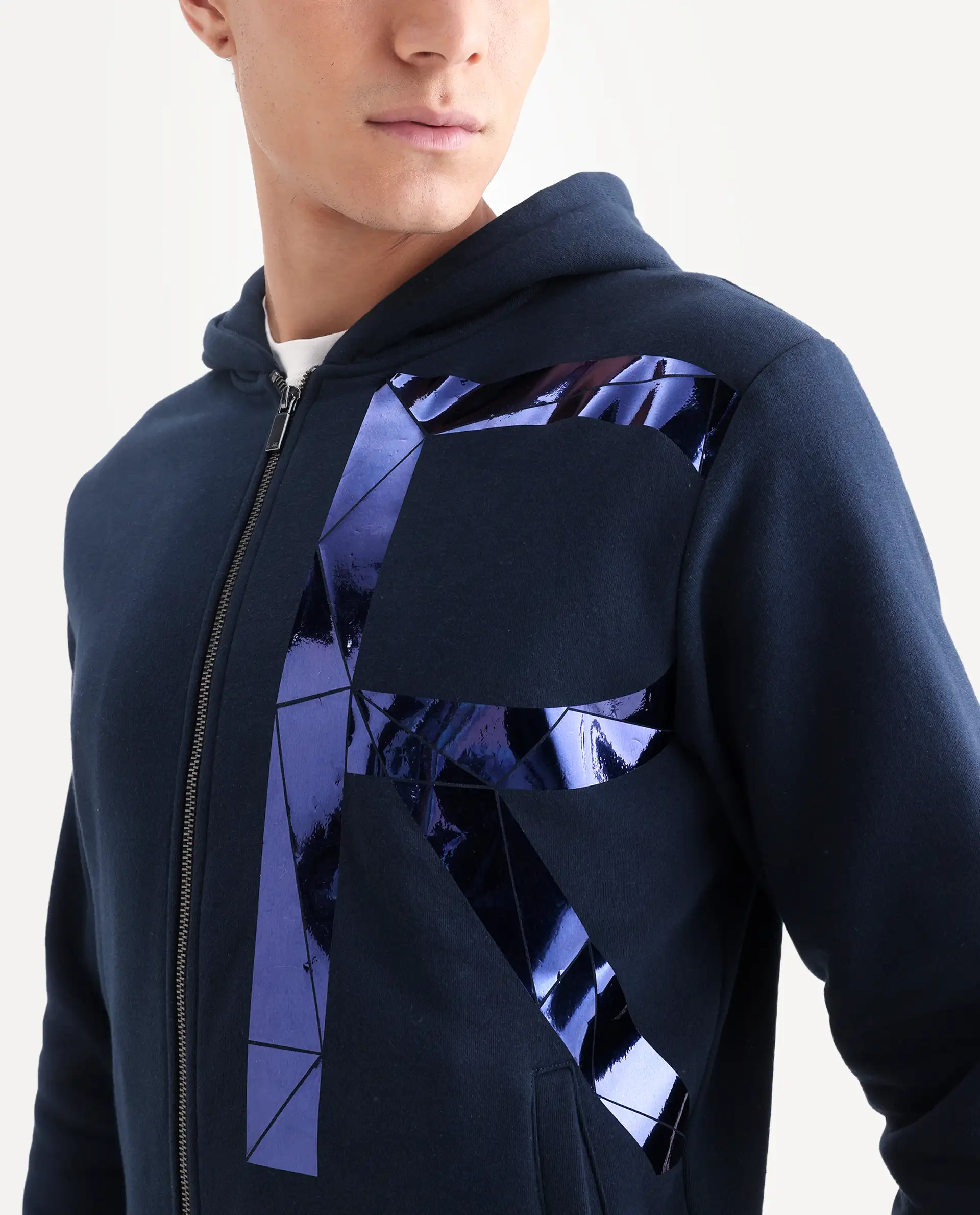 Rare Rabbit Men's Kaden Navy Cotton Graphic Print Regular Fit Full Sleeve Hooded Sweatshirt - Image 4