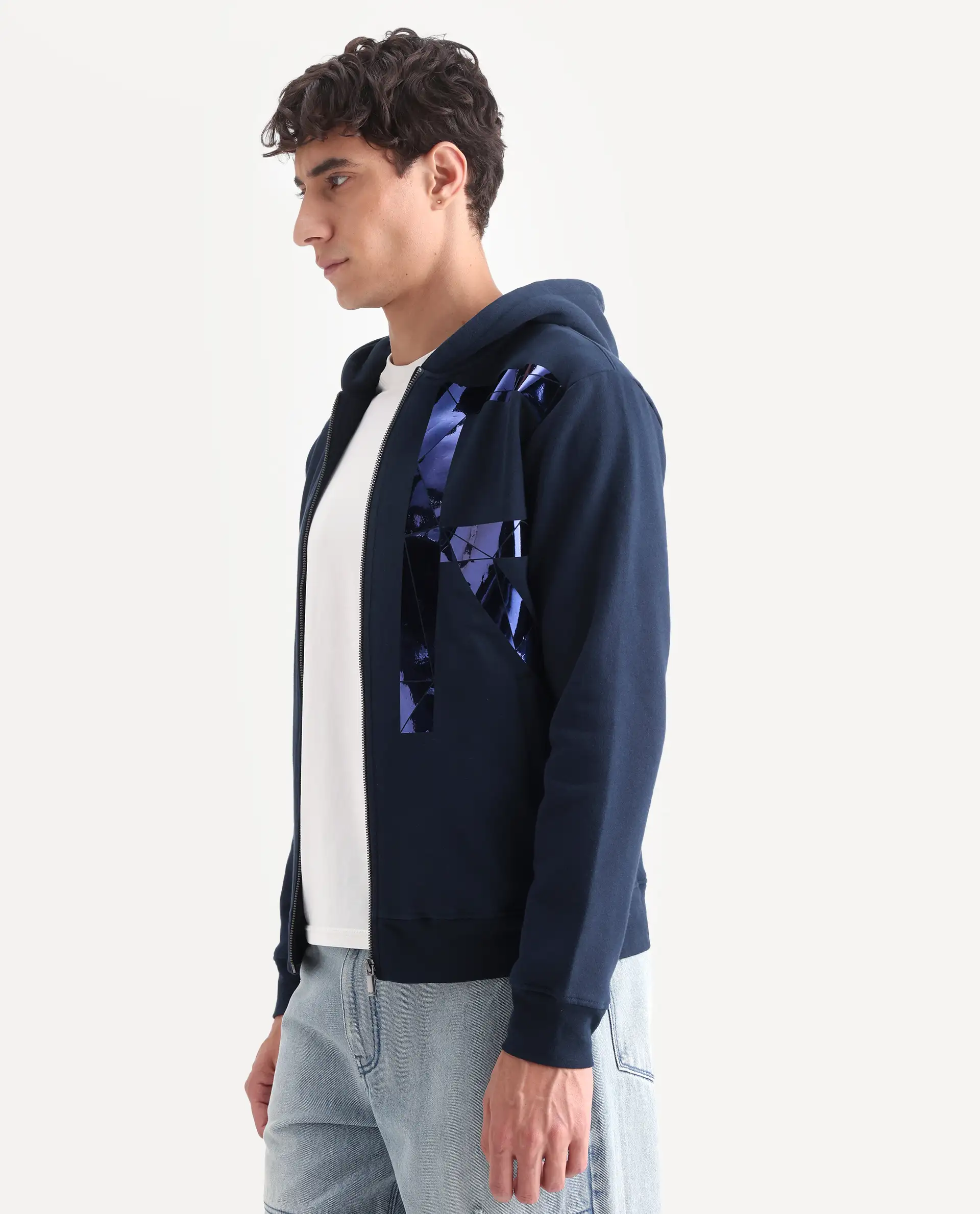 Rare Rabbit Men's Kaden Navy Cotton Graphic Print Regular Fit Full Sleeve Hooded Sweatshirt - Image 5