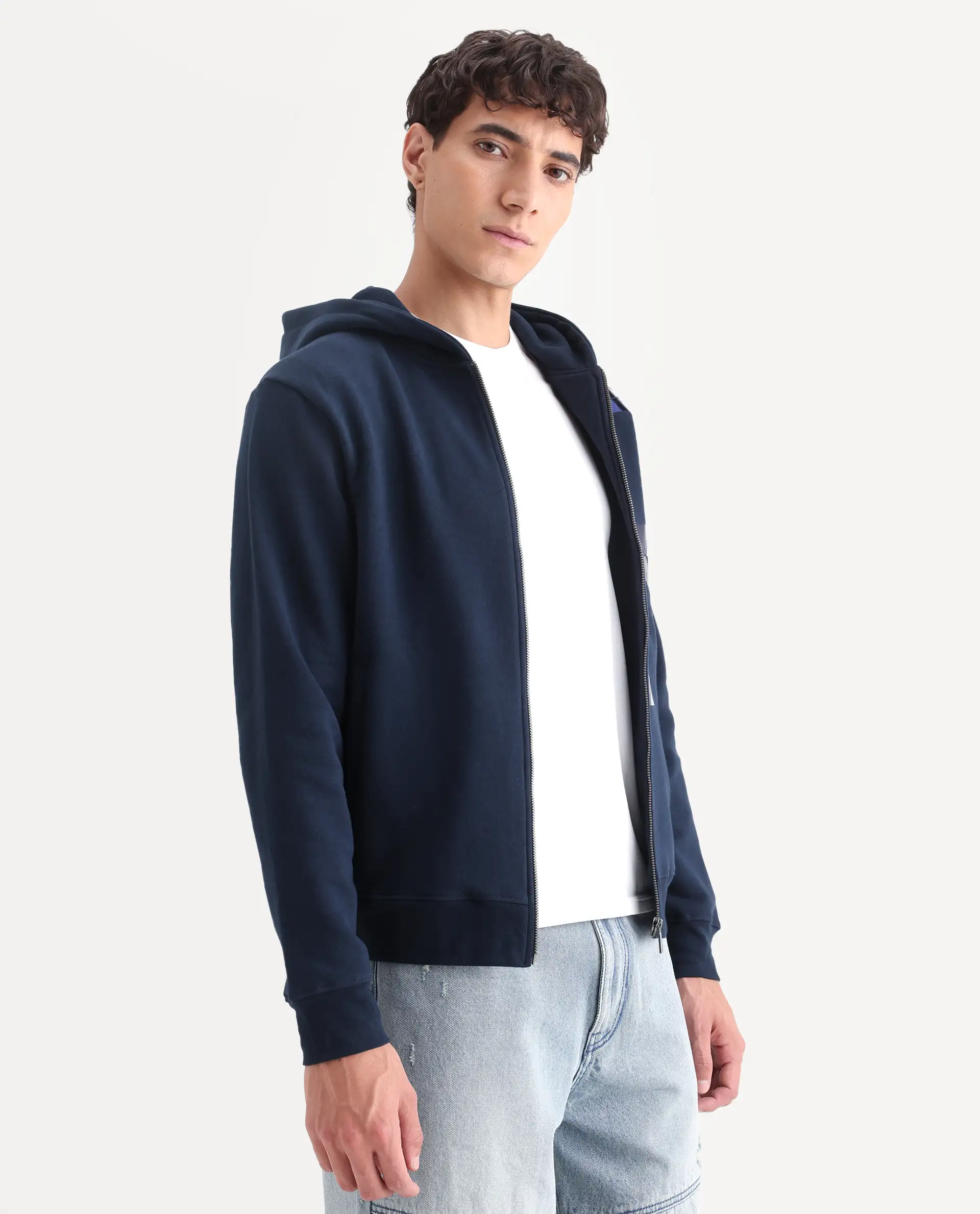 Rare Rabbit Men's Kaden Navy Cotton Graphic Print Regular Fit Full Sleeve Hooded Sweatshirt - Image 6
