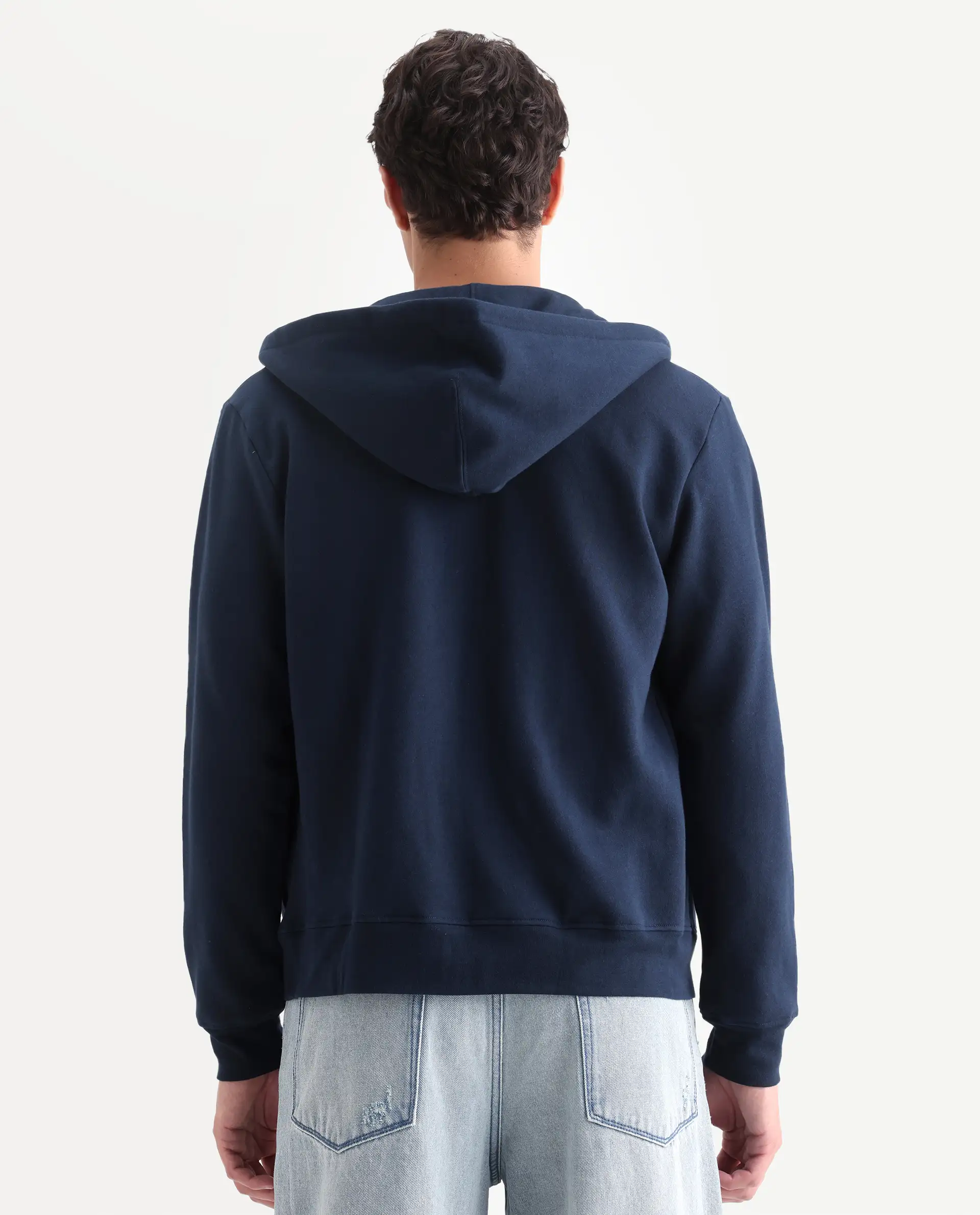 Rare Rabbit Men's Kaden Navy Cotton Graphic Print Regular Fit Full Sleeve Hooded Sweatshirt - Image 7