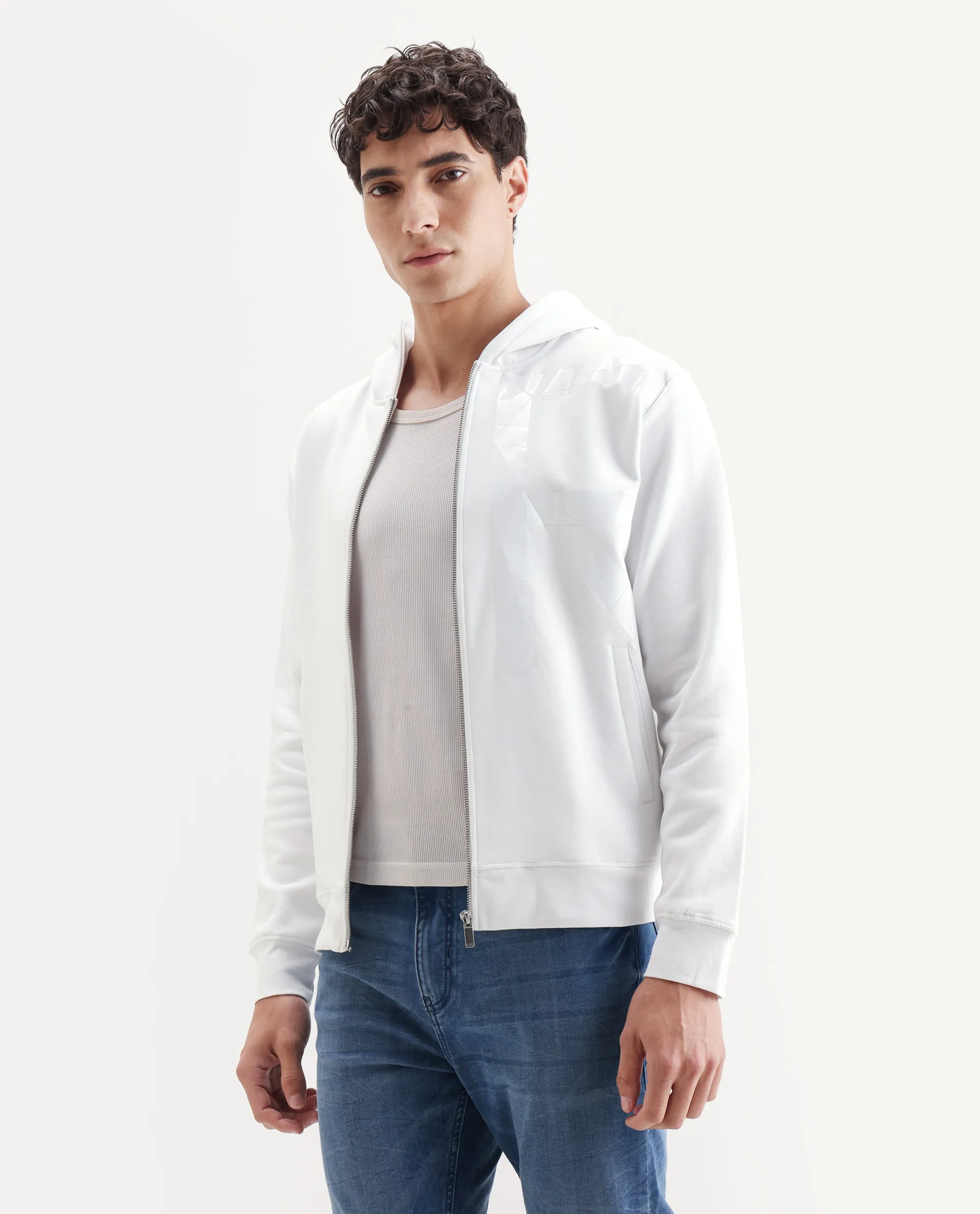 Rare Rabbit Men's Kaden White Cotton Graphic Print Regular Fit Full Sleeve Hooded Sweatshirt - Image 4