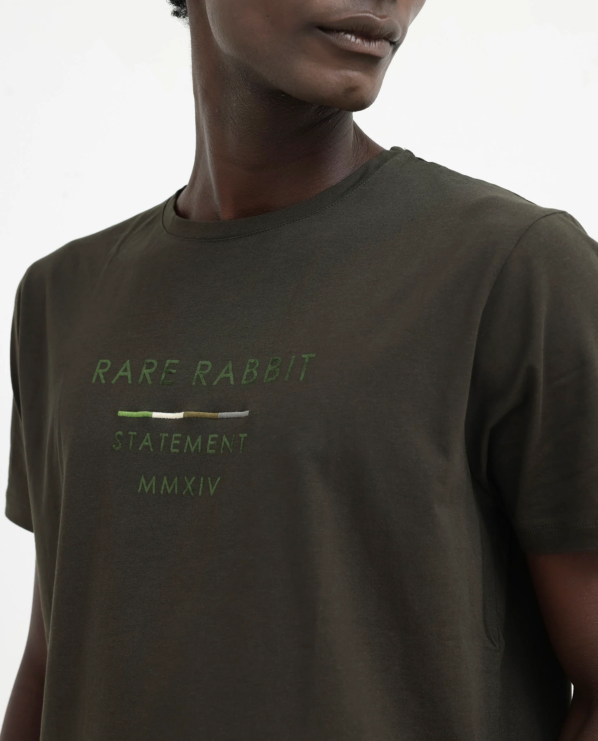Rare Rabbit Men's Kael Olive Cotton Blend Graphic Print Regular Fit Half Sleeve Crew Neck T-Shirt - Image 4