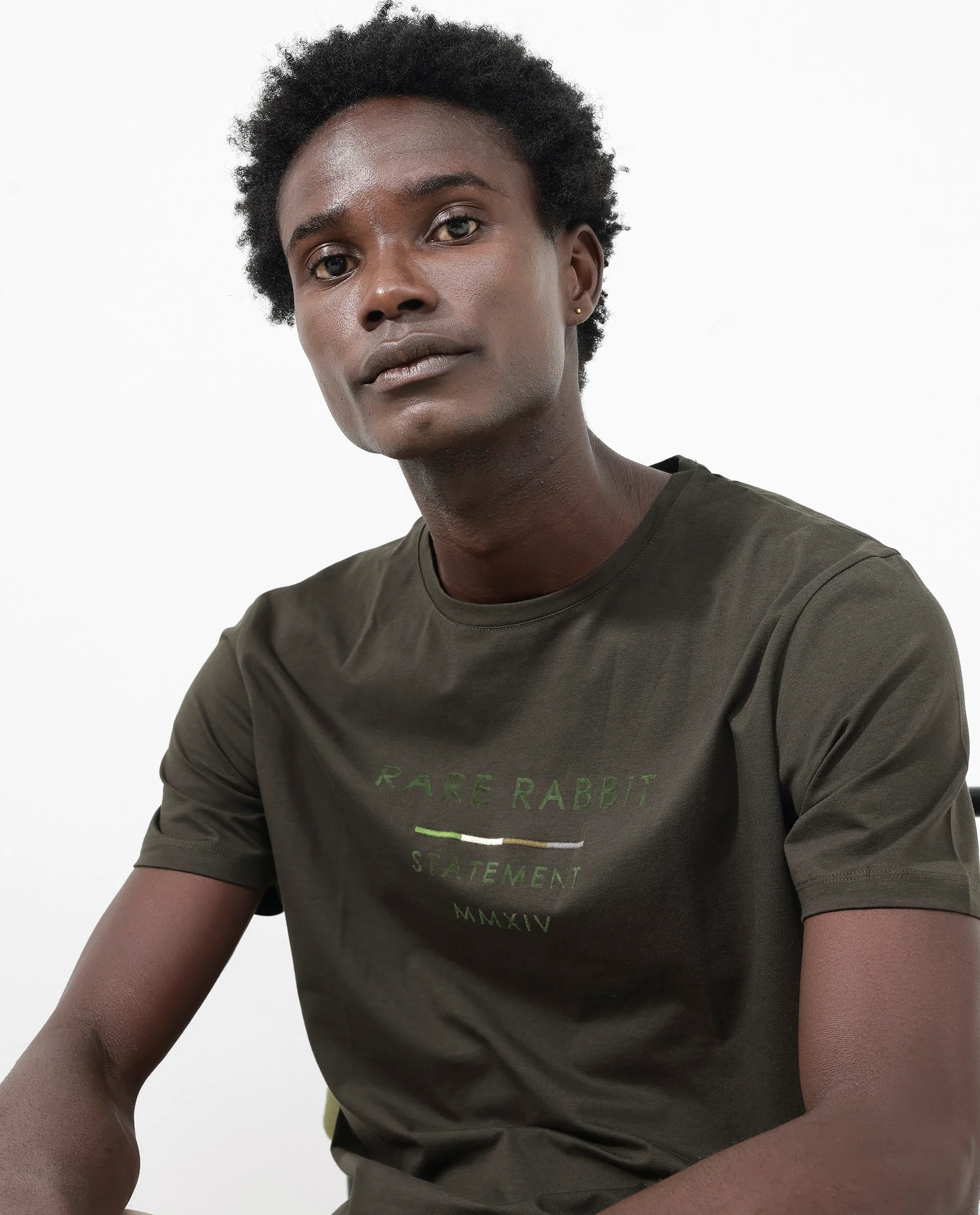 Rare Rabbit Men's Kael Olive Cotton Blend Graphic Print Regular Fit Half Sleeve Crew Neck T-Shirt - Image 5
