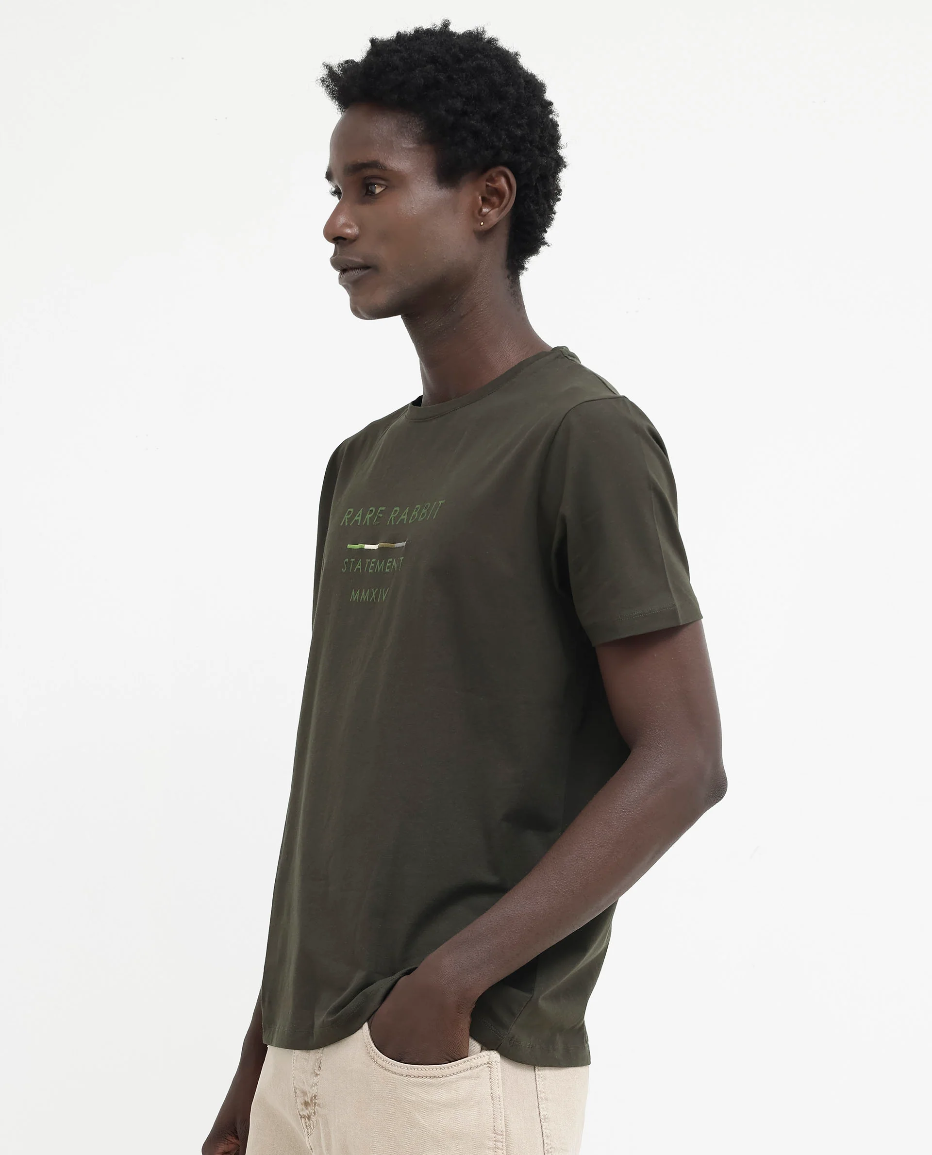 Rare Rabbit Men's Kael Olive Cotton Blend Graphic Print Regular Fit Half Sleeve Crew Neck T-Shirt - Image 6