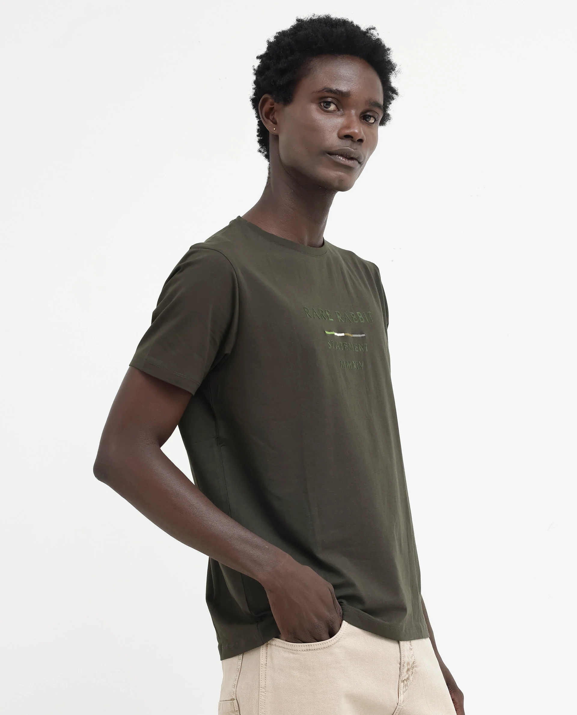 Rare Rabbit Men's Kael Olive Cotton Blend Graphic Print Regular Fit Half Sleeve Crew Neck T-Shirt - Image 8