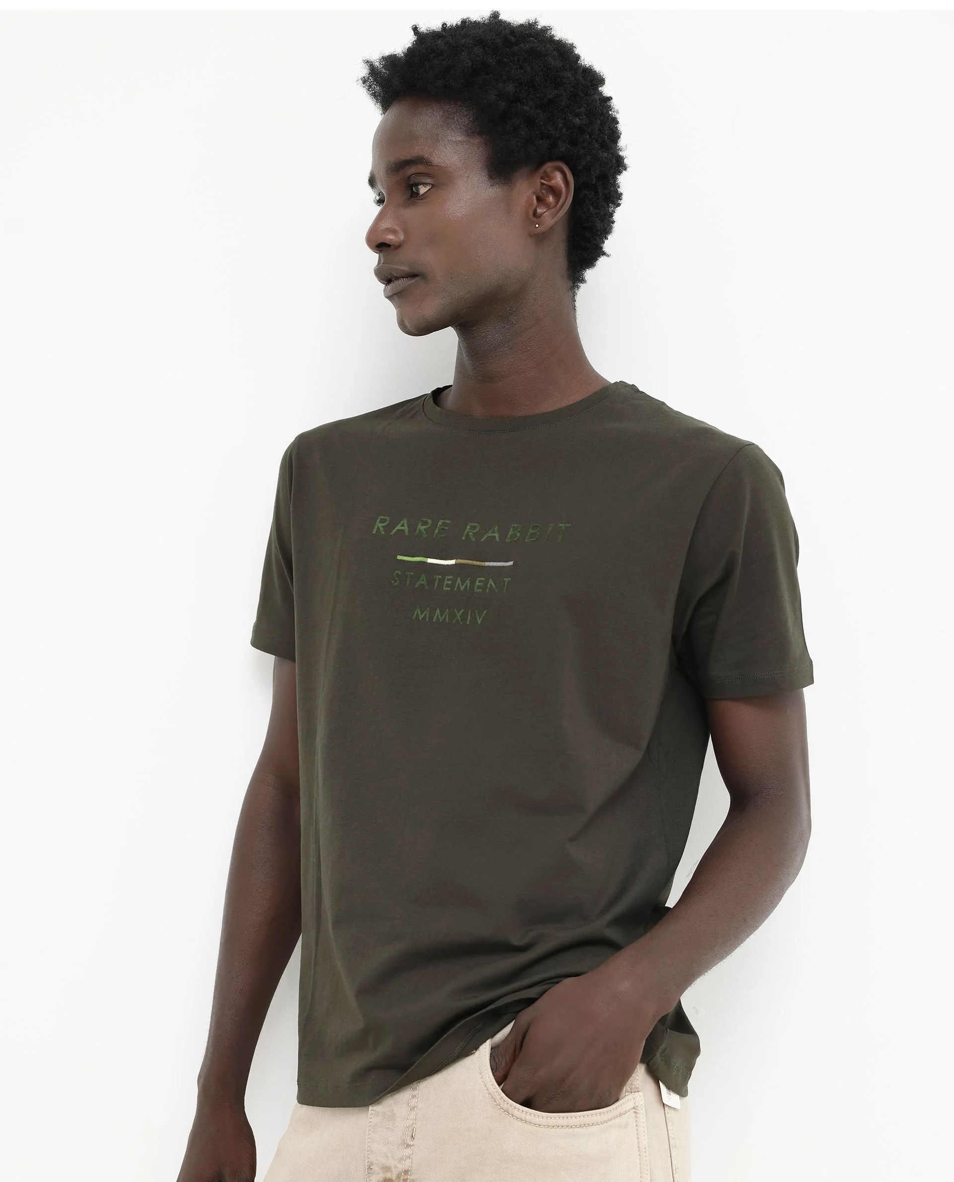 Rare Rabbit Men's Kael Olive Cotton Blend Graphic Print Regular Fit Half Sleeve Crew Neck T-Shirt - Image 9