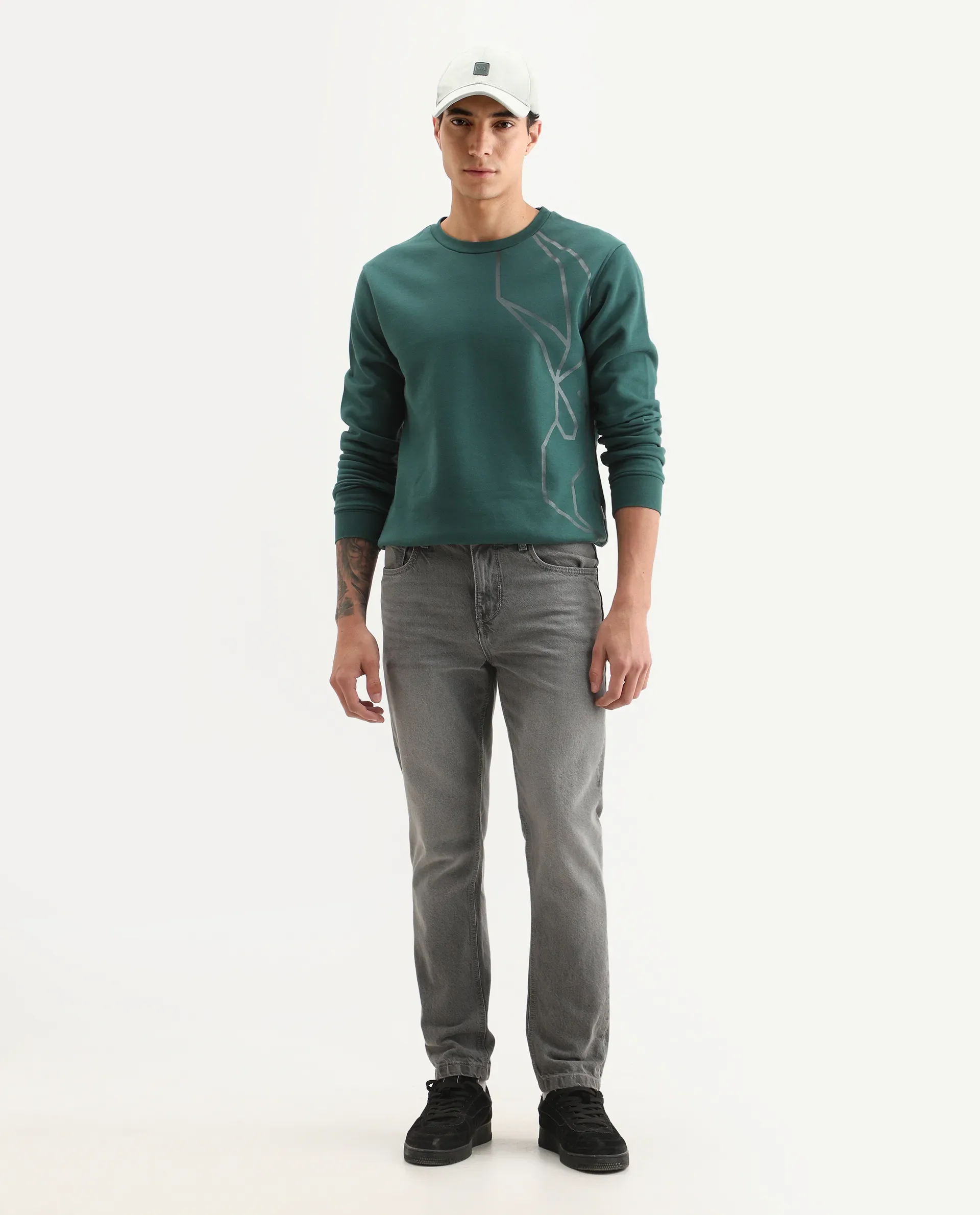 Rare Rabbit Men's Kafet Green Cotton Graphic Print Regular Fit Full Sleeve Crew Neck Sweatshirt - Image 2