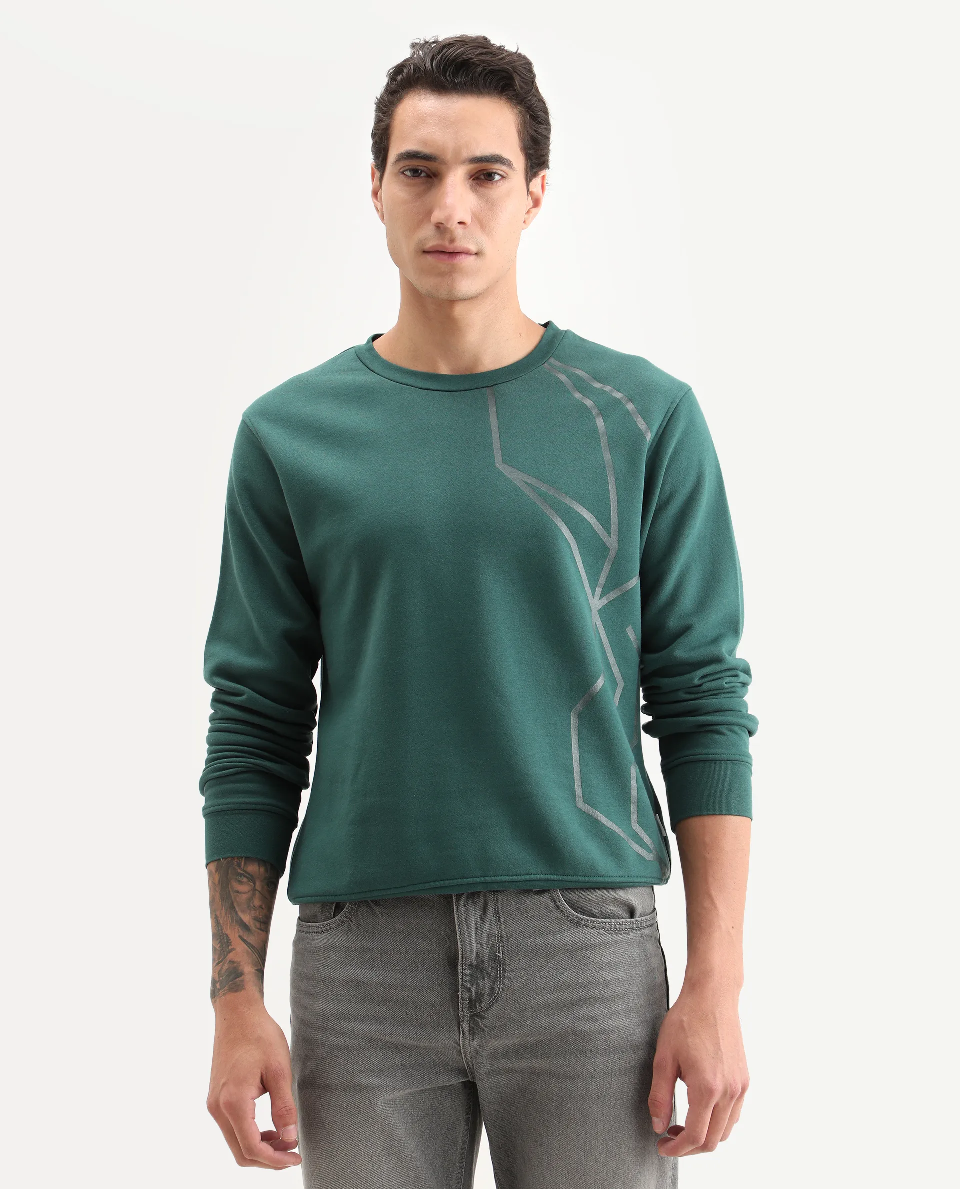 Rare Rabbit Men's Kafet Green Cotton Graphic Print Regular Fit Full Sleeve Crew Neck Sweatshirt - Image 3