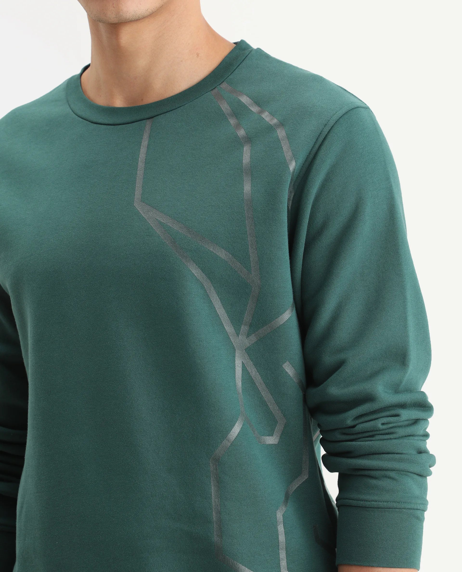 Rare Rabbit Men's Kafet Green Cotton Graphic Print Regular Fit Full Sleeve Crew Neck Sweatshirt - Image 4