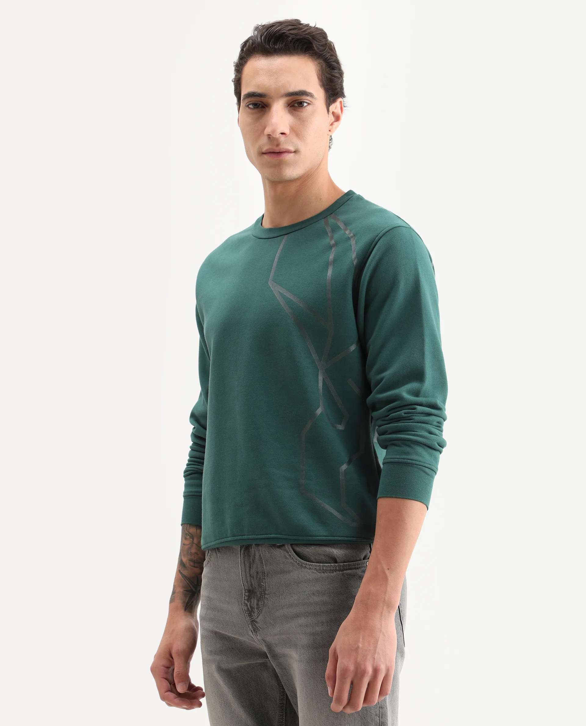 Rare Rabbit Men's Kafet Green Cotton Graphic Print Regular Fit Full Sleeve Crew Neck Sweatshirt - Image 5