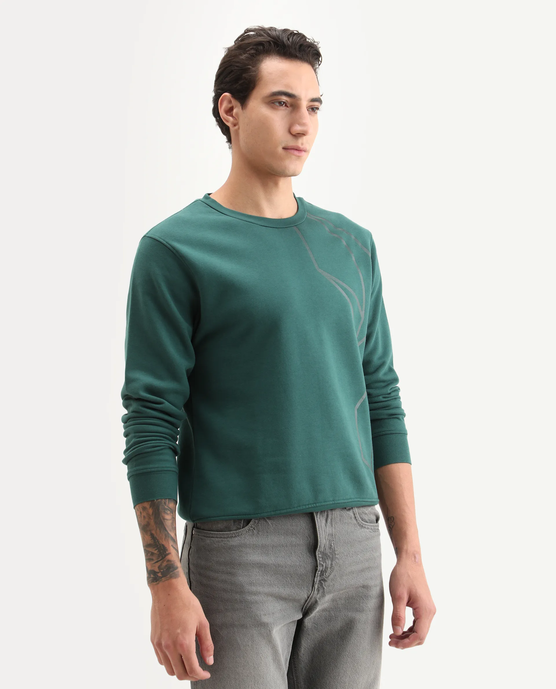 Rare Rabbit Men's Kafet Green Cotton Graphic Print Regular Fit Full Sleeve Crew Neck Sweatshirt - Image 6