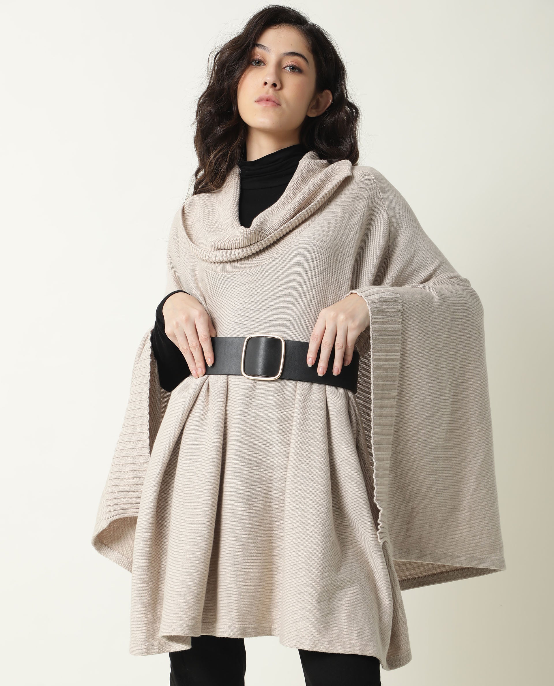 Rareism Womens Kafty Beige Over Layer Tube Neck Half Sleeve Oversize Fit