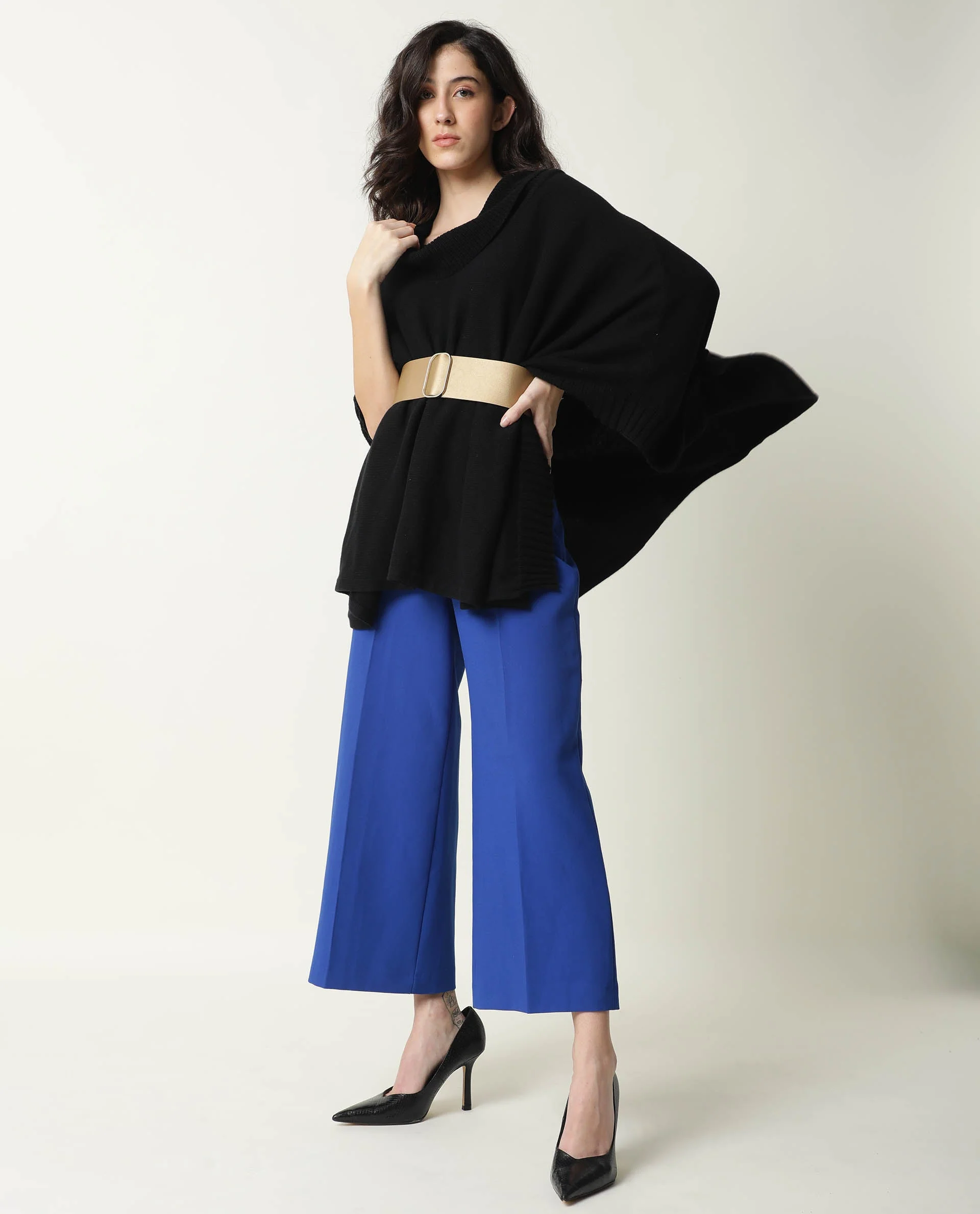 Rareism Women's Kafty Black Collarless Plain Knee Length Relaxed Fit Overlayer