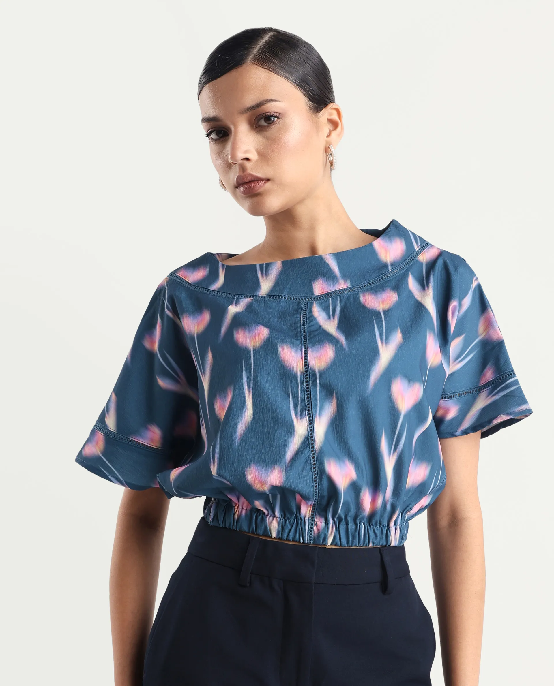 Rareism Women's Kahlani Dark Grey Polyester Blend Boat Neck Abstract Print Extended Sleeves Regular Fit Top - Image 5