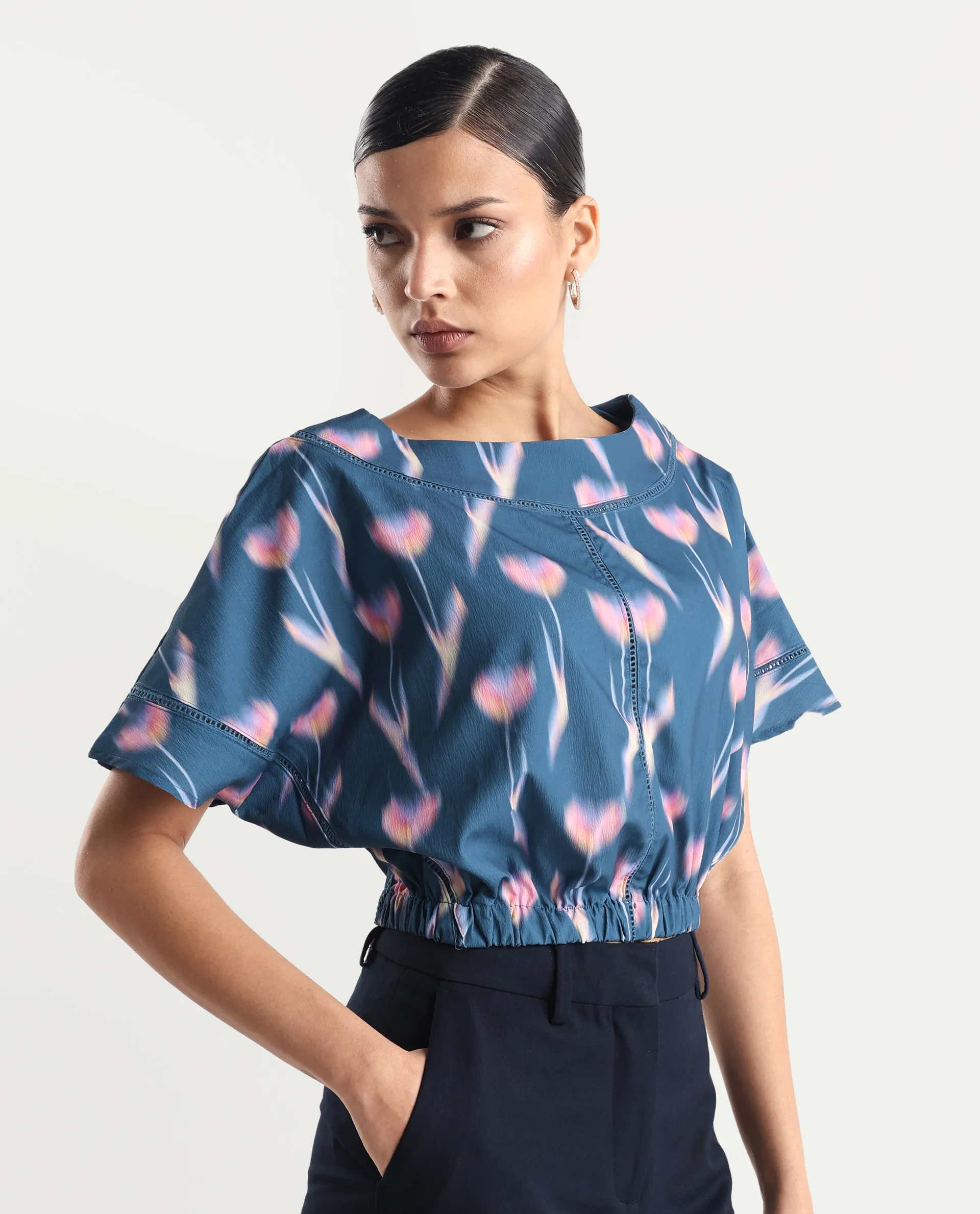 Rareism Women's Kahlani Dark Grey Polyester Blend Boat Neck Abstract Print Extended Sleeves Regular Fit Top - Image 6