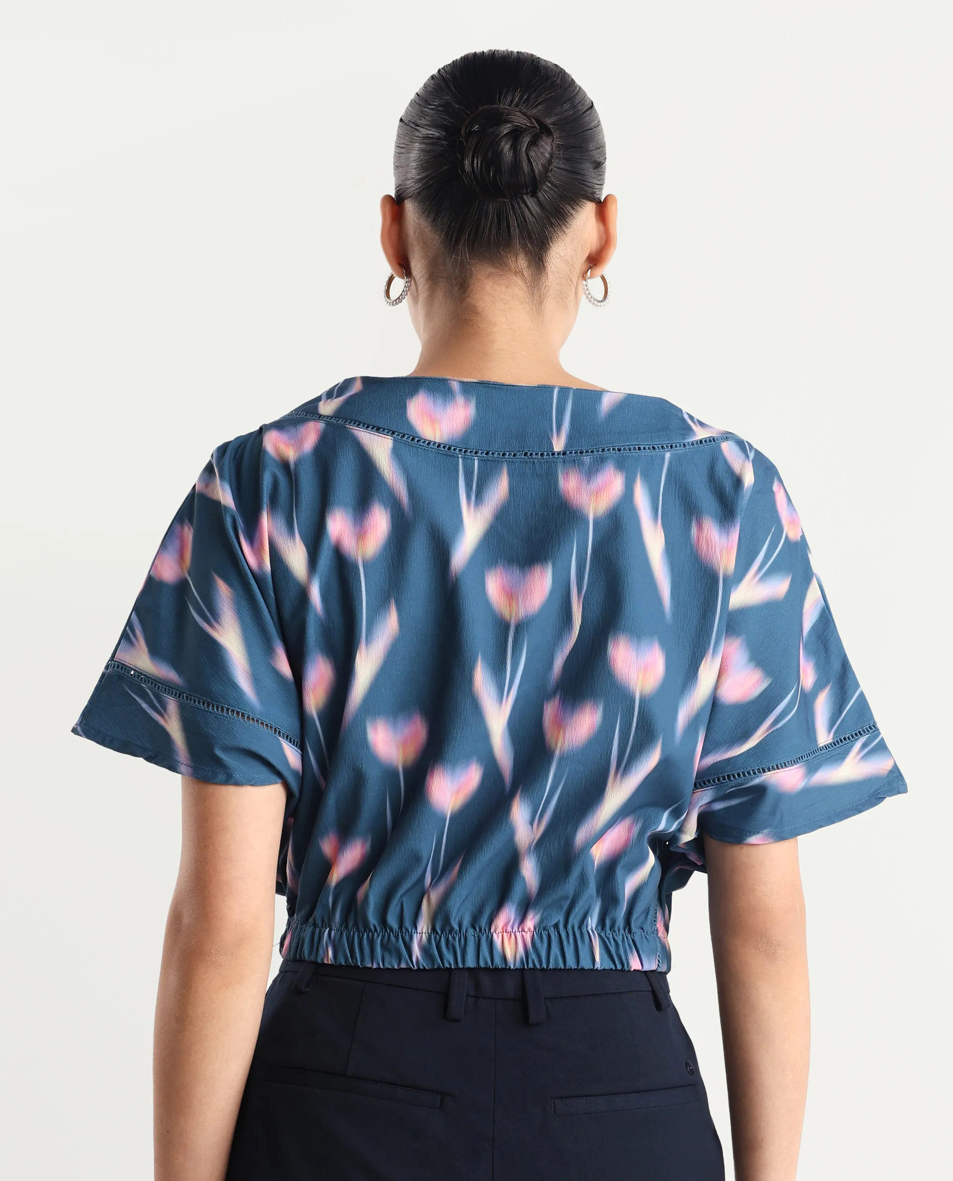 Rareism Women's Kahlani Dark Grey Polyester Blend Boat Neck Abstract Print Extended Sleeves Regular Fit Top - Image 7