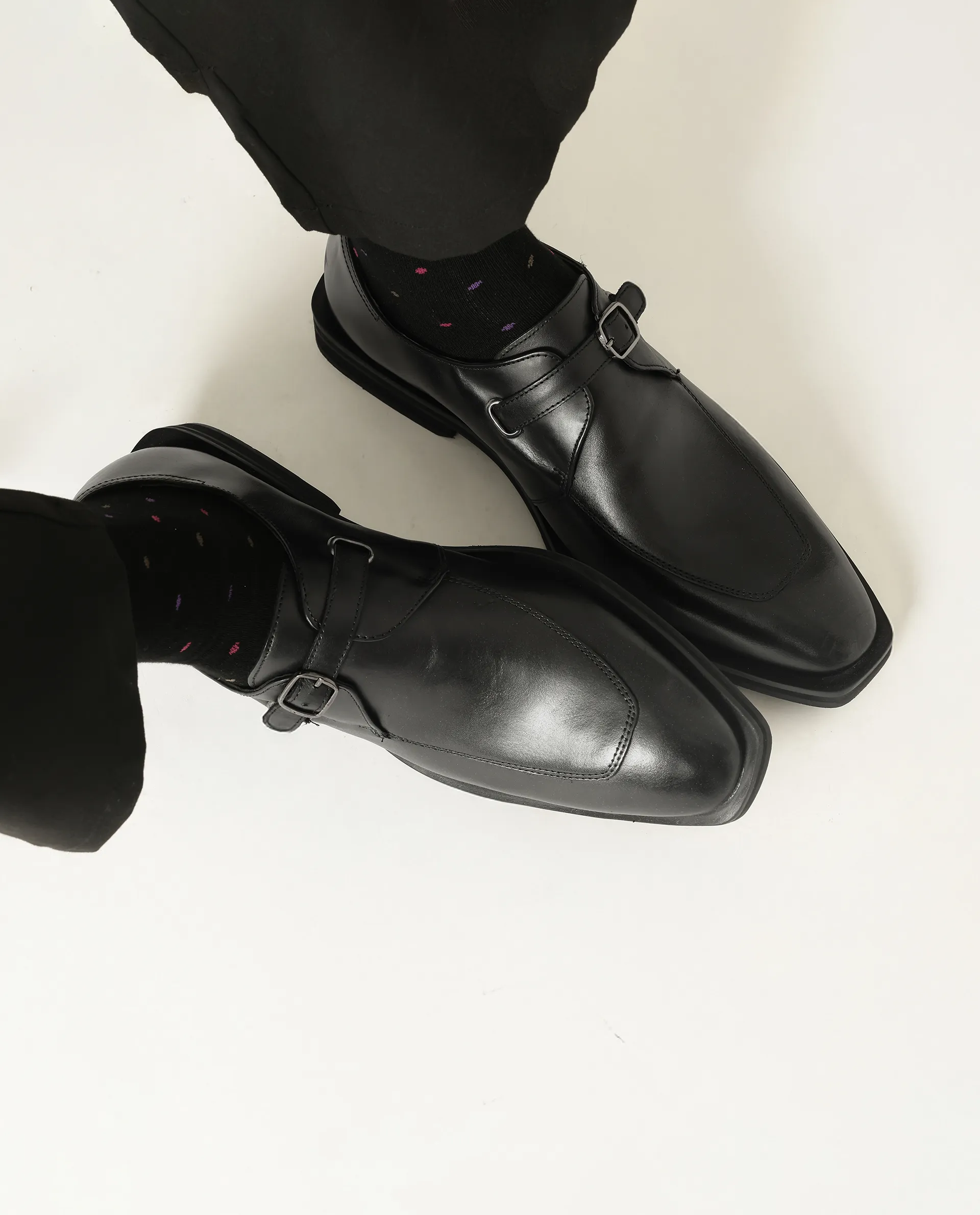 Rare Rabbit Men Kai Black Genuine Leather Buckle Strap Slip-On Loafers - Image 2