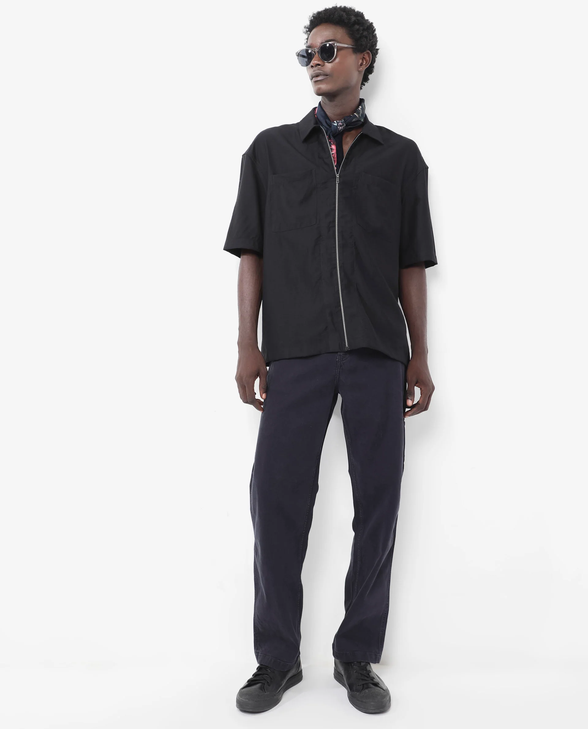 Rare Rabbit Articale Men's Kai Black Viscose Nylon Fabric Short Sleeve Zip Closure Boxy Fit Solid Shirt - Image 2