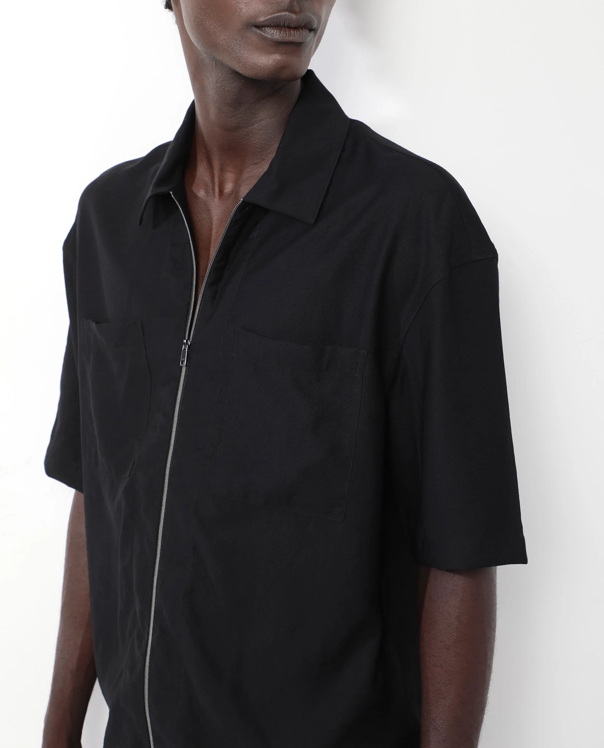 Rare Rabbit Articale Men's Kai Black Viscose Nylon Fabric Short Sleeve Zip Closure Boxy Fit Solid Shirt - Image 3