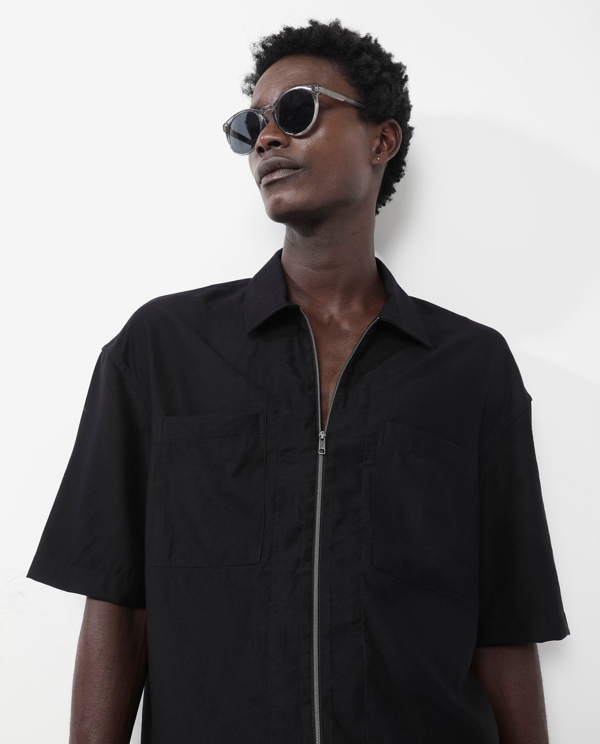 Rare Rabbit Articale Men's Kai Black Viscose Nylon Fabric Short Sleeve Zip Closure Boxy Fit Solid Shirt - Image 4
