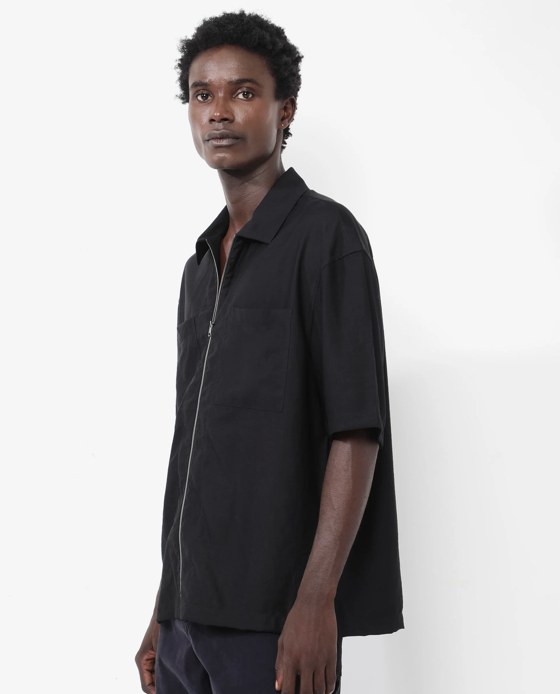 Rare Rabbit Articale Men's Kai Black Viscose Nylon Fabric Short Sleeve Zip Closure Boxy Fit Solid Shirt - Image 6
