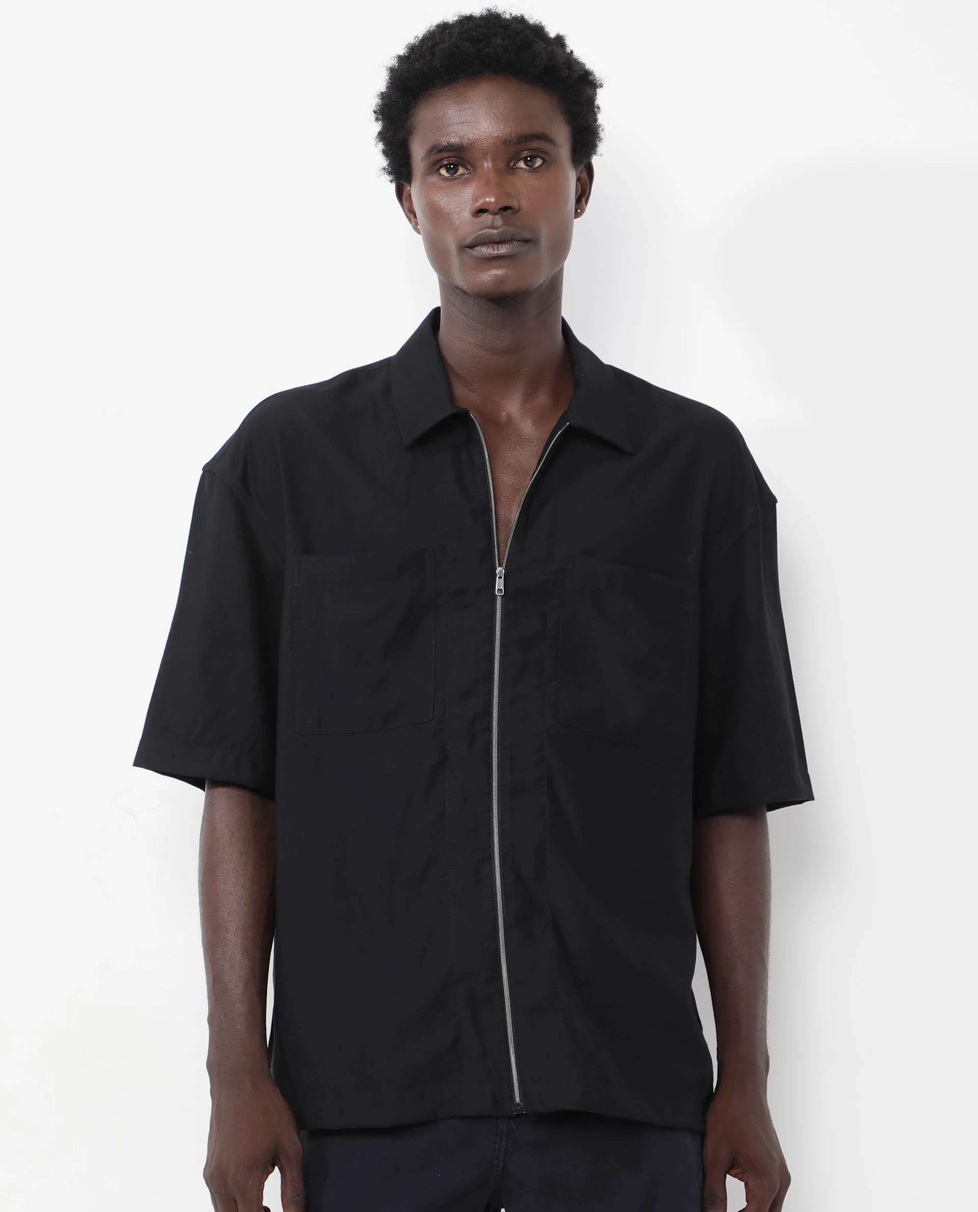 Rare Rabbit Articale Men's Kai Black Viscose Nylon Fabric Short Sleeve Zip Closure Boxy Fit Solid Shirt - Image 7