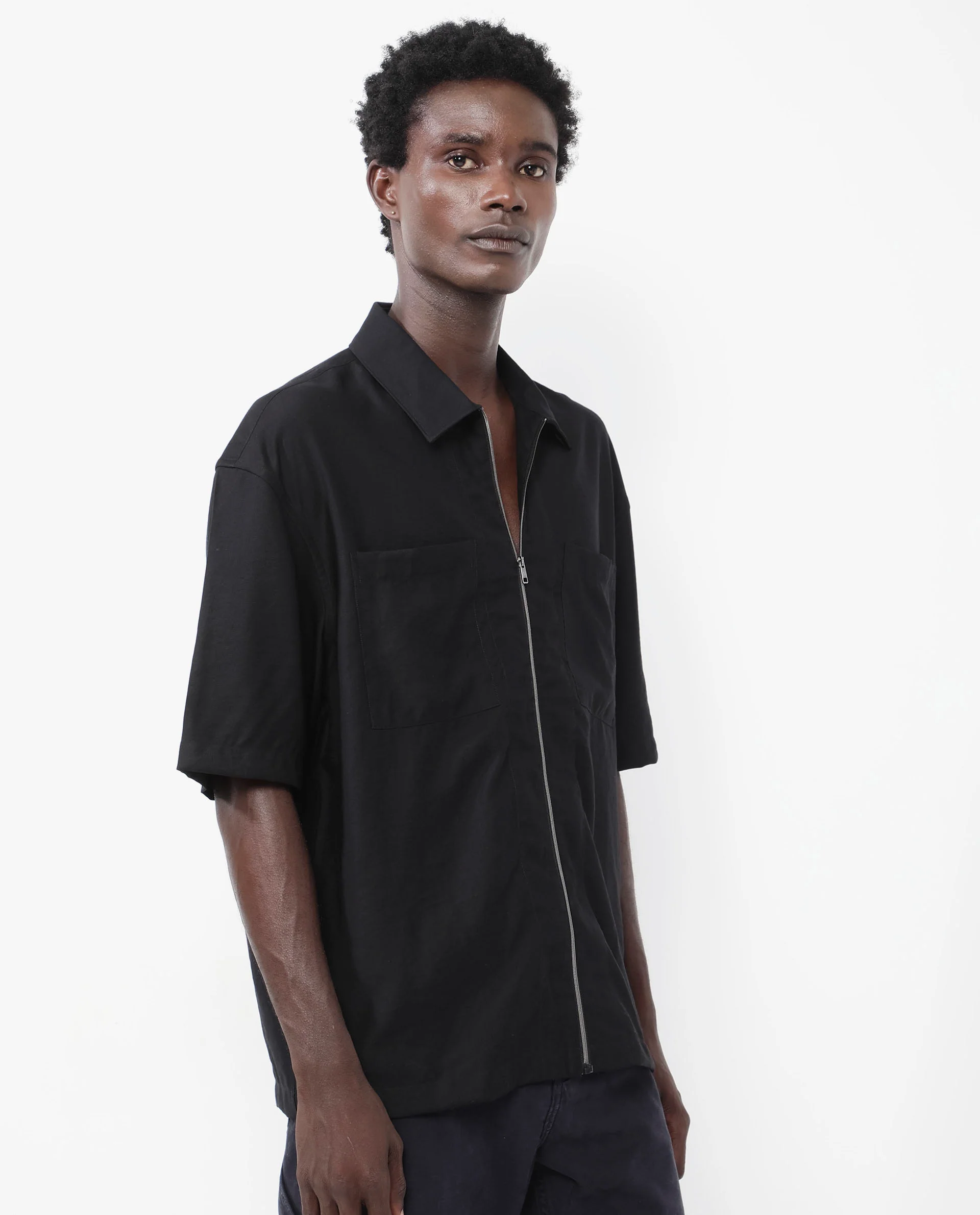Rare Rabbit Articale Men's Kai Black Viscose Nylon Fabric Short Sleeve Zip Closure Boxy Fit Solid Shirt - Image 8