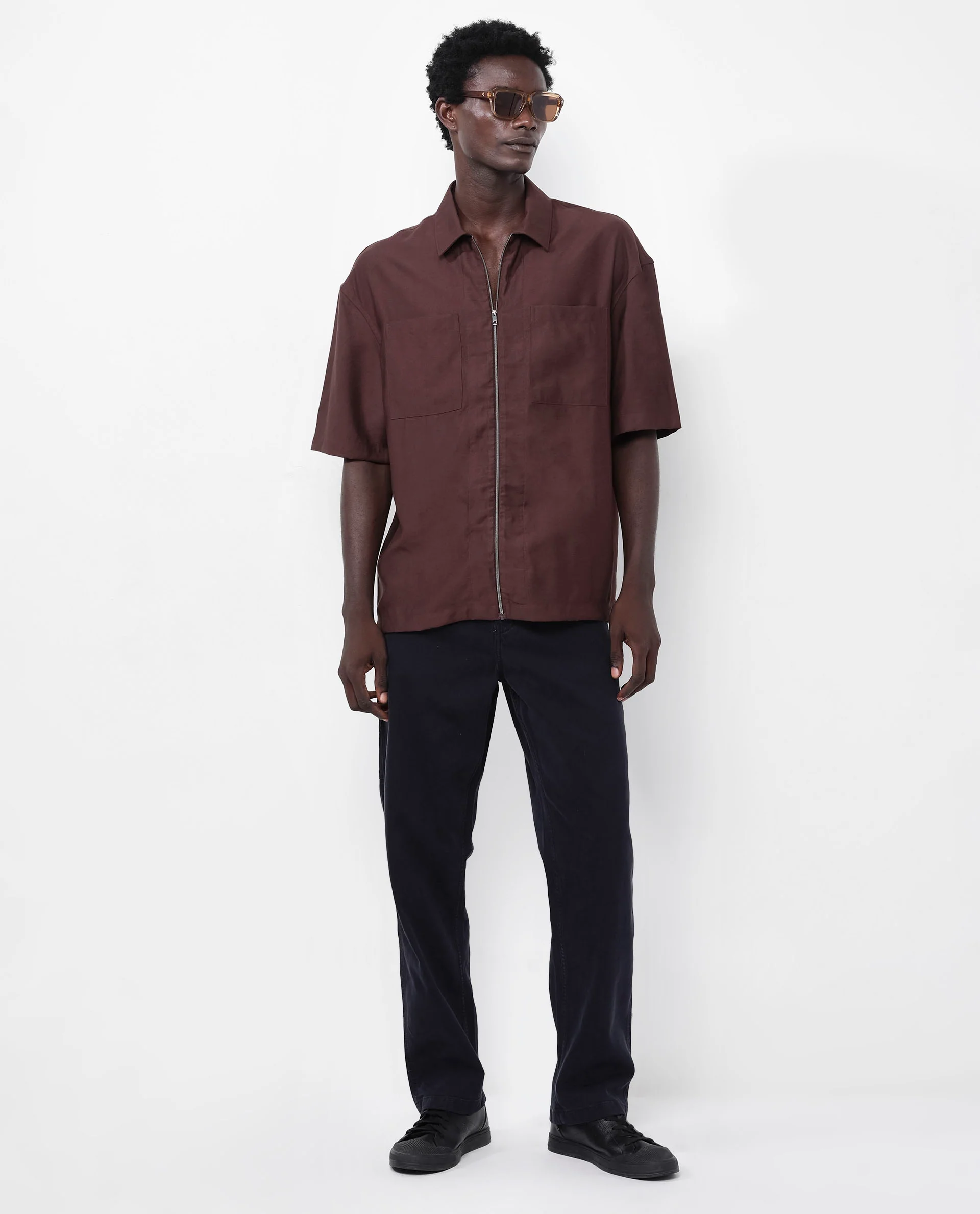 Rare Rabbit Articale Men's Kai Dark Brown Viscose Nylon Fabric Short Sleeve Zip Closure Boxy Fit Solid Shirt - Image 2