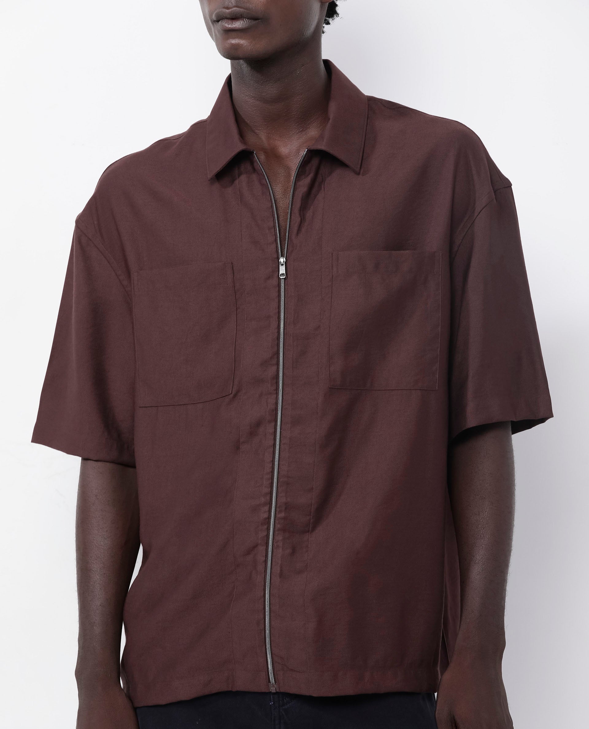 Rare Rabbit Articale Men's Kai Dark Brown Viscose Nylon Fabric Short Sleeve Zip Closure Boxy Fit Solid Shirt - Image 3