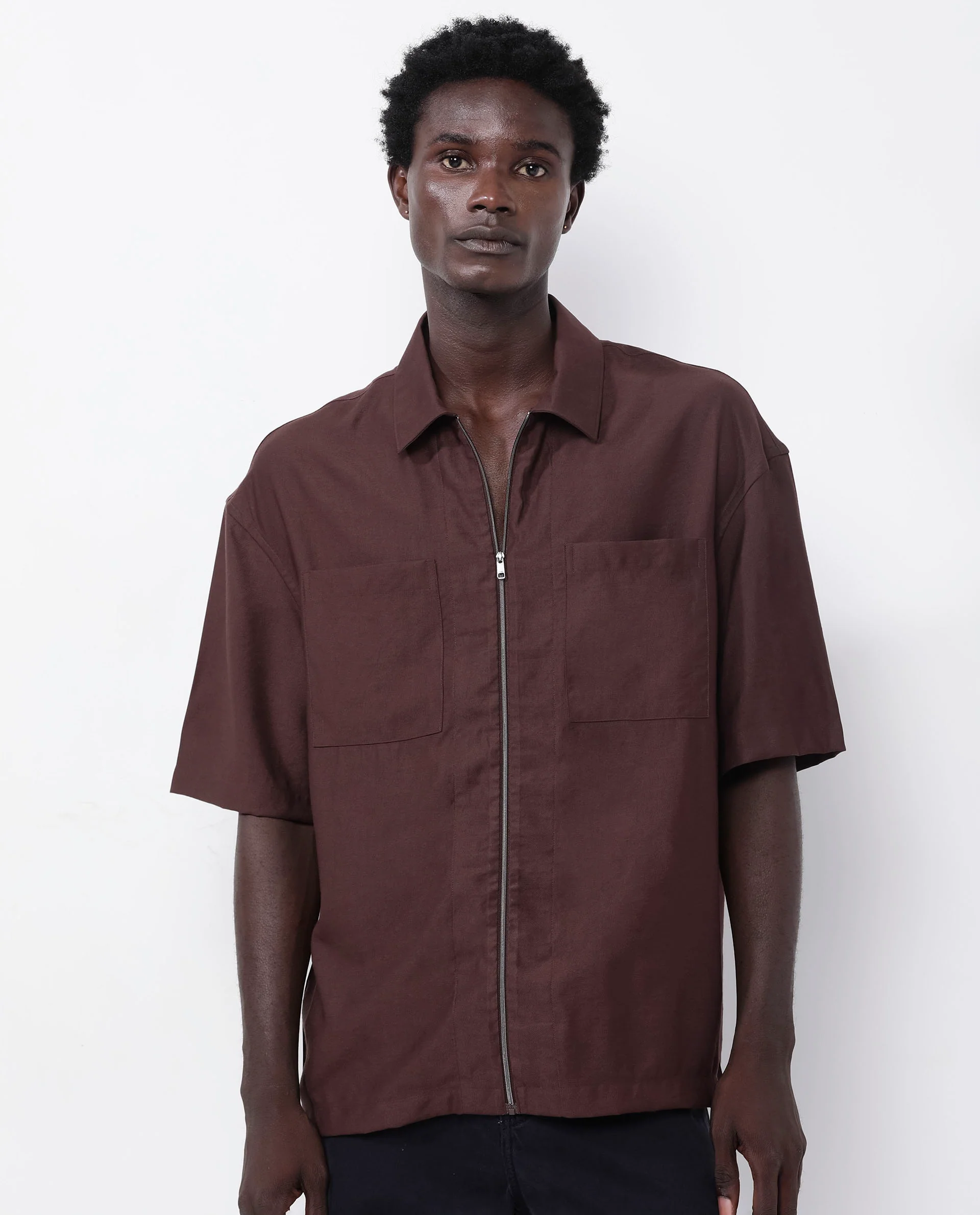 Rare Rabbit Articale Men's Kai Dark Brown Viscose Nylon Fabric Short Sleeve Zip Closure Boxy Fit Solid Shirt - Image 4