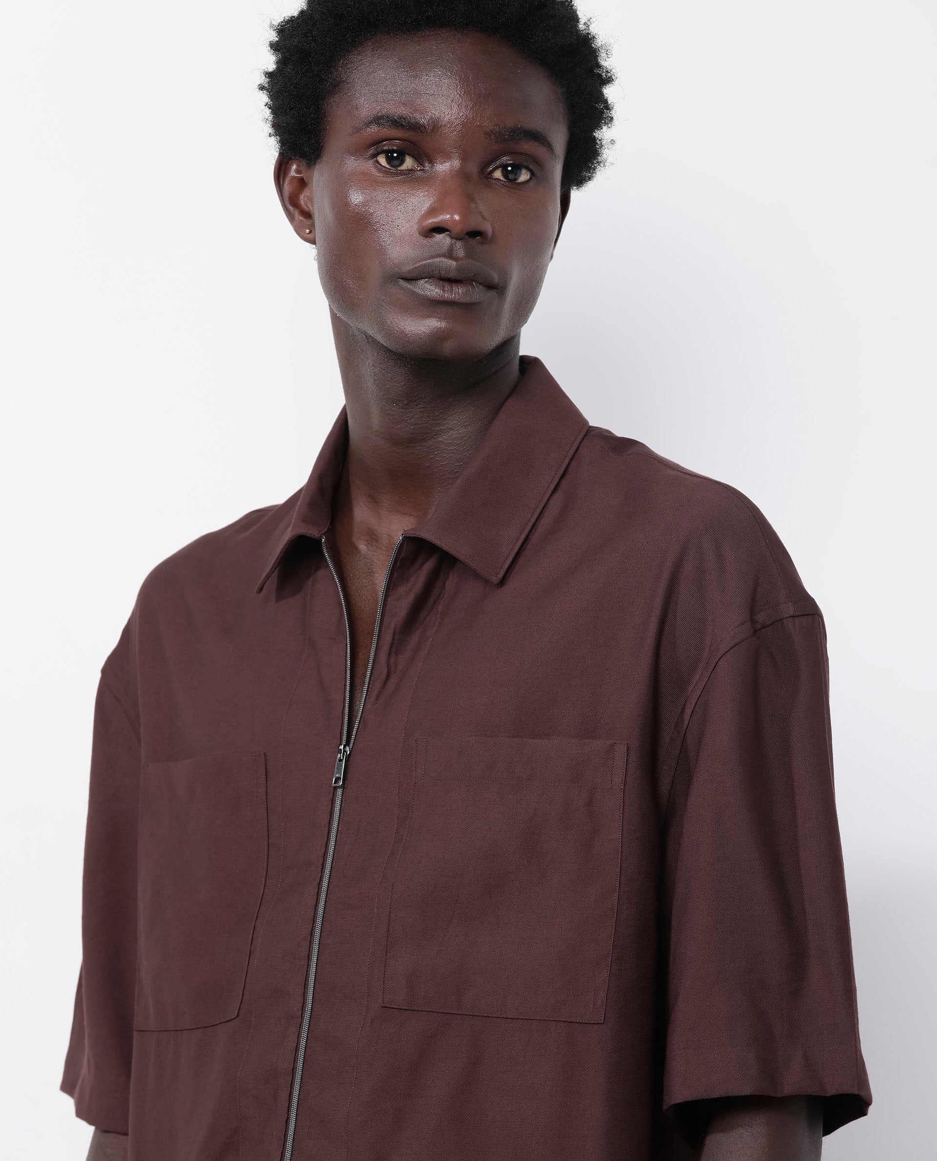 Rare Rabbit Articale Men's Kai Dark Brown Viscose Nylon Fabric Short Sleeve Zip Closure Boxy Fit Solid Shirt - Image 5