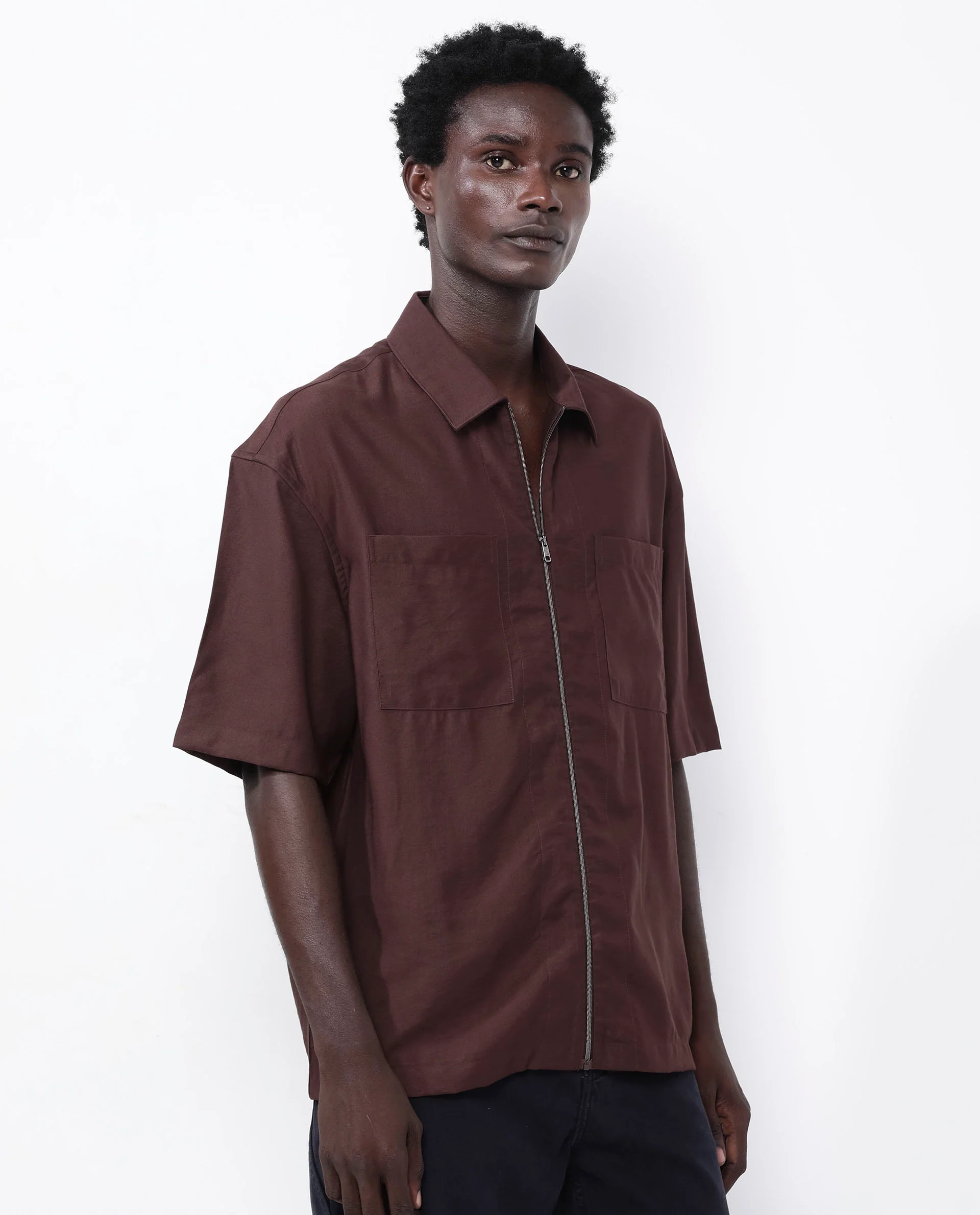 Rare Rabbit Articale Men's Kai Dark Brown Viscose Nylon Fabric Short Sleeve Zip Closure Boxy Fit Solid Shirt - Image 6