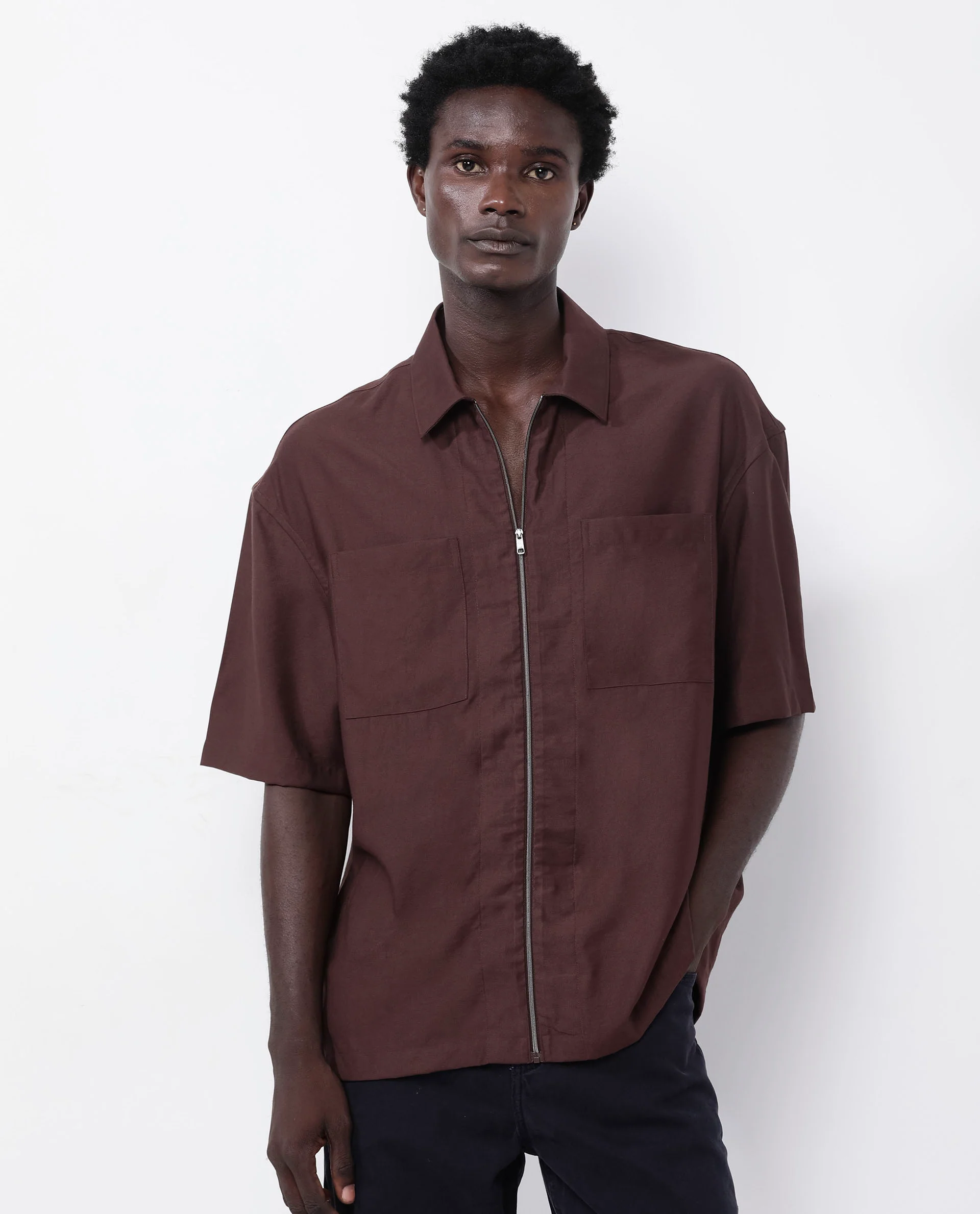 Rare Rabbit Articale Men's Kai Dark Brown Viscose Nylon Fabric Short Sleeve Zip Closure Boxy Fit Solid Shirt - Image 7