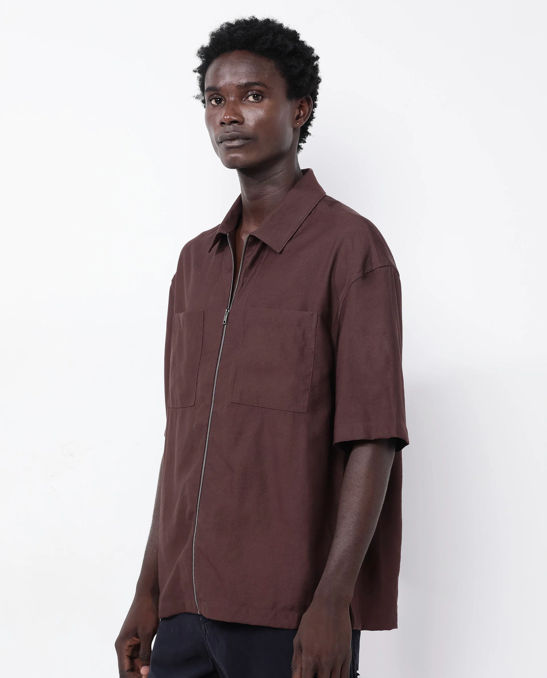 Rare Rabbit Articale Men's Kai Dark Brown Viscose Nylon Fabric Short Sleeve Zip Closure Boxy Fit Solid Shirt - Image 8