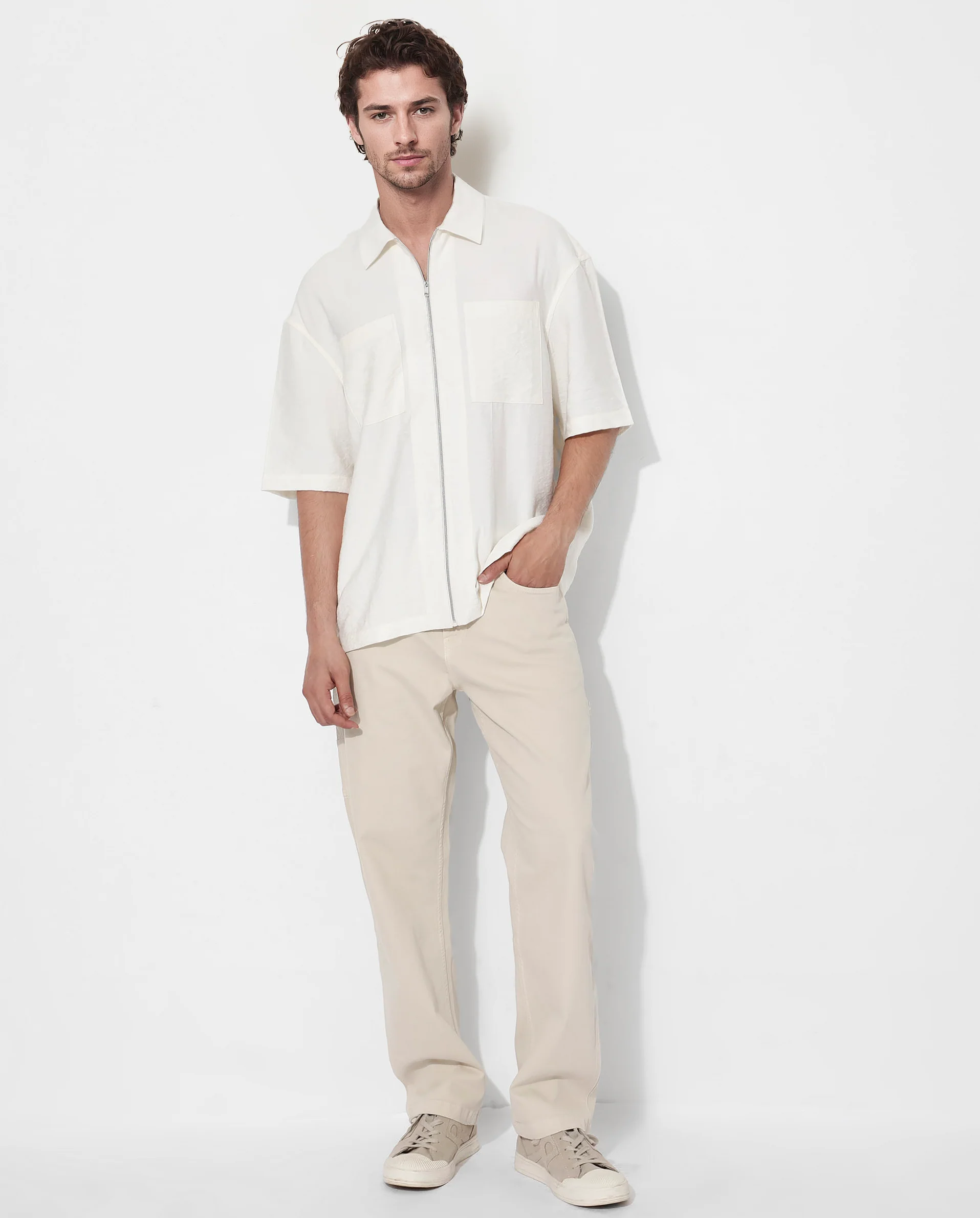 Rare Rabbit Articale Men's Kai Light Beige Viscose Nylon Fabric Short Sleeve Zip Closure Boxy Fit Solid Shirt - Image 2