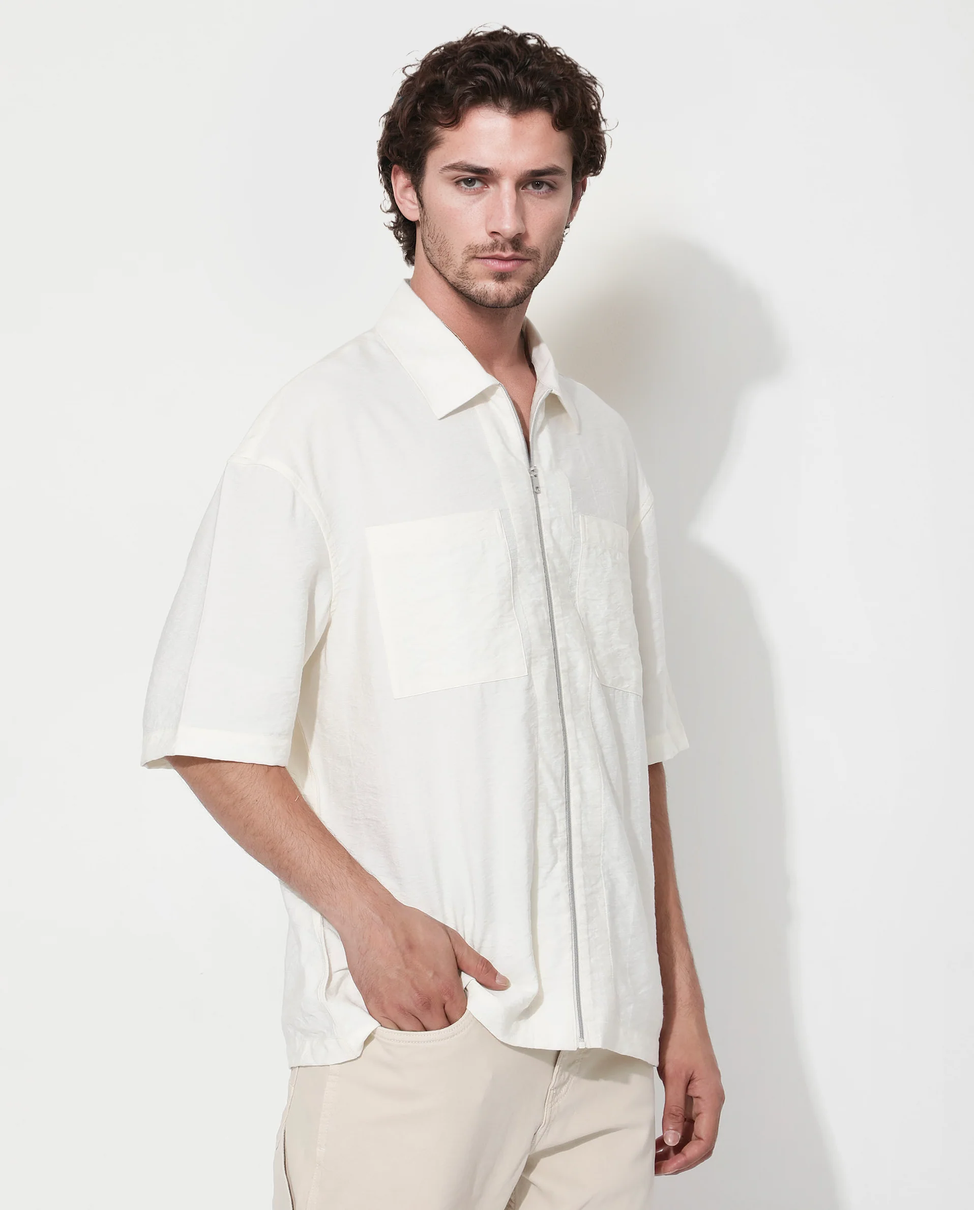 Rare Rabbit Articale Men's Kai Light Beige Viscose Nylon Fabric Short Sleeve Zip Closure Boxy Fit Solid Shirt - Image 3