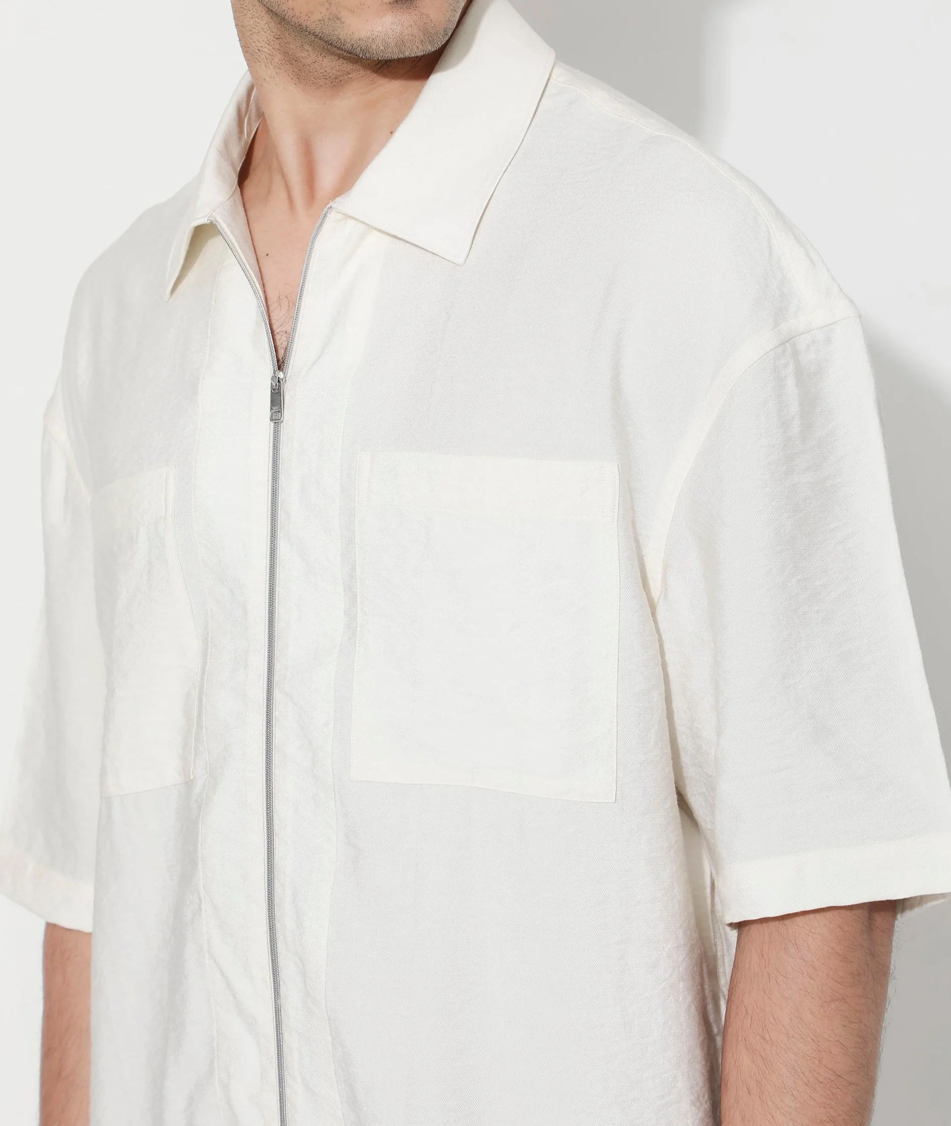 Rare Rabbit Articale Men's Kai Light Beige Viscose Nylon Fabric Short Sleeve Zip Closure Boxy Fit Solid Shirt - Image 4