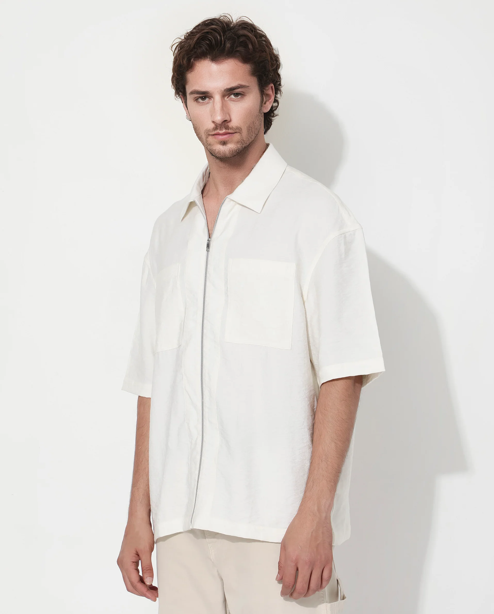 Rare Rabbit Articale Men's Kai Light Beige Viscose Nylon Fabric Short Sleeve Zip Closure Boxy Fit Solid Shirt - Image 5
