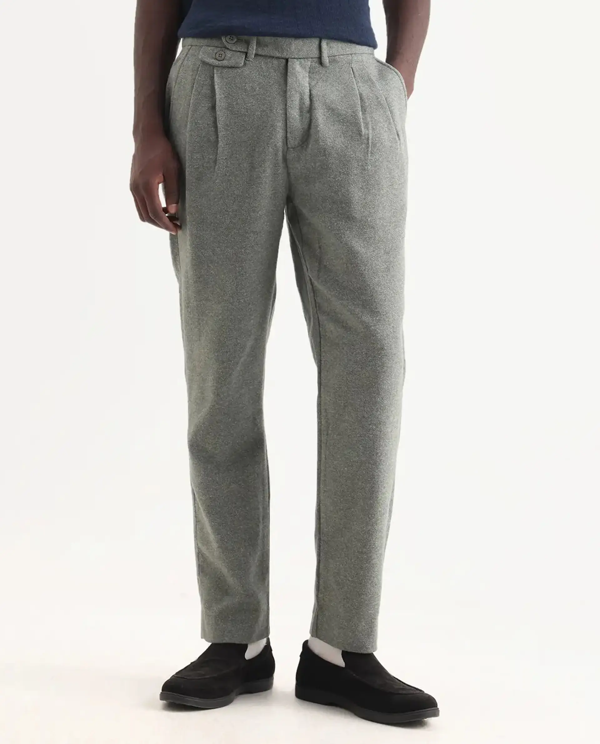 Rare Rabbit Men's Kaino Dark Green Felt Plain Regular Fit Trouser - Image 10