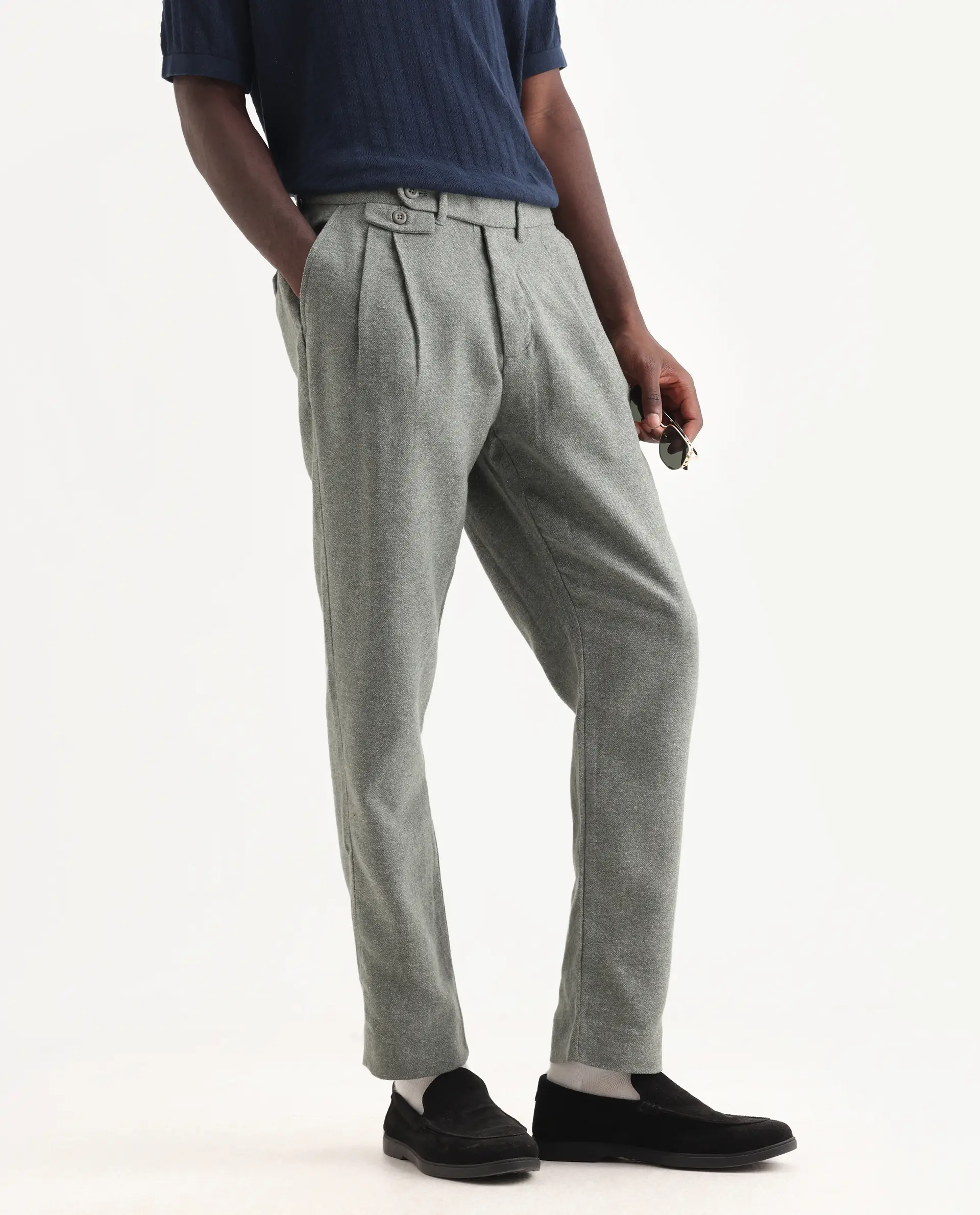 Rare Rabbit Men's Kaino Dark Green Felt Plain Regular Fit Trouser - Image 2