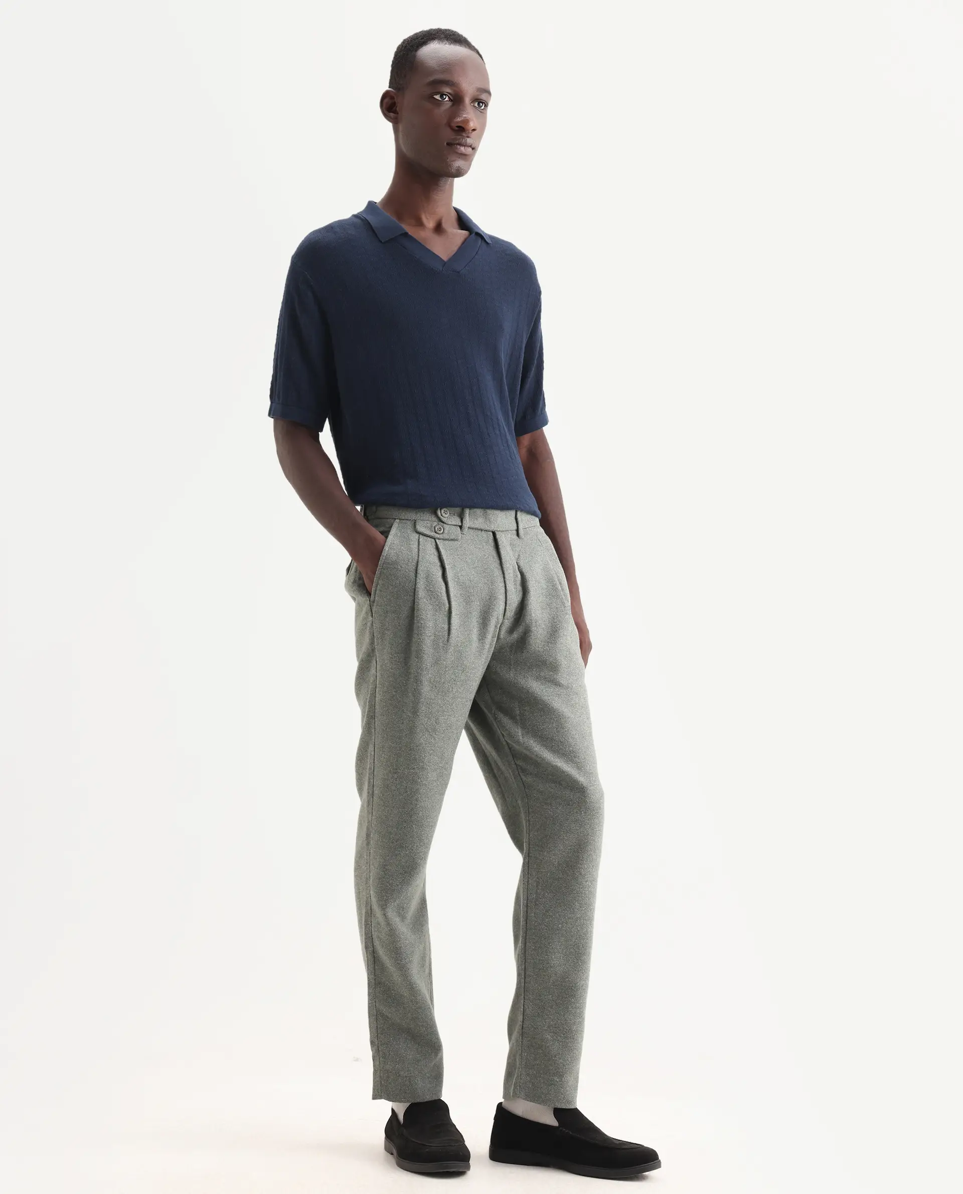 Rare Rabbit Men's Kaino Dark Green Felt Plain Regular Fit Trouser - Image 4