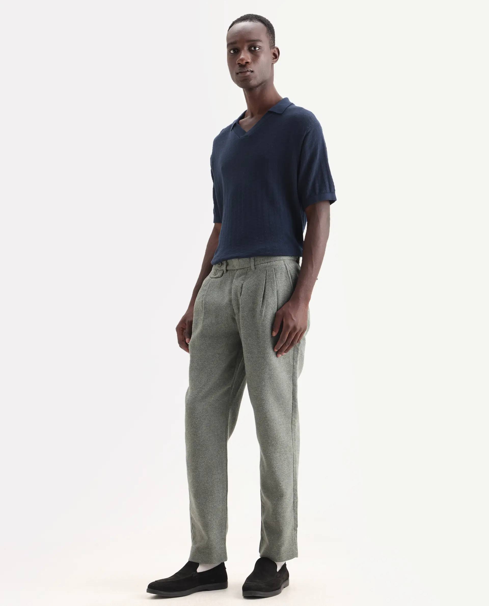 Rare Rabbit Men's Kaino Dark Green Felt Plain Regular Fit Trouser - Image 5