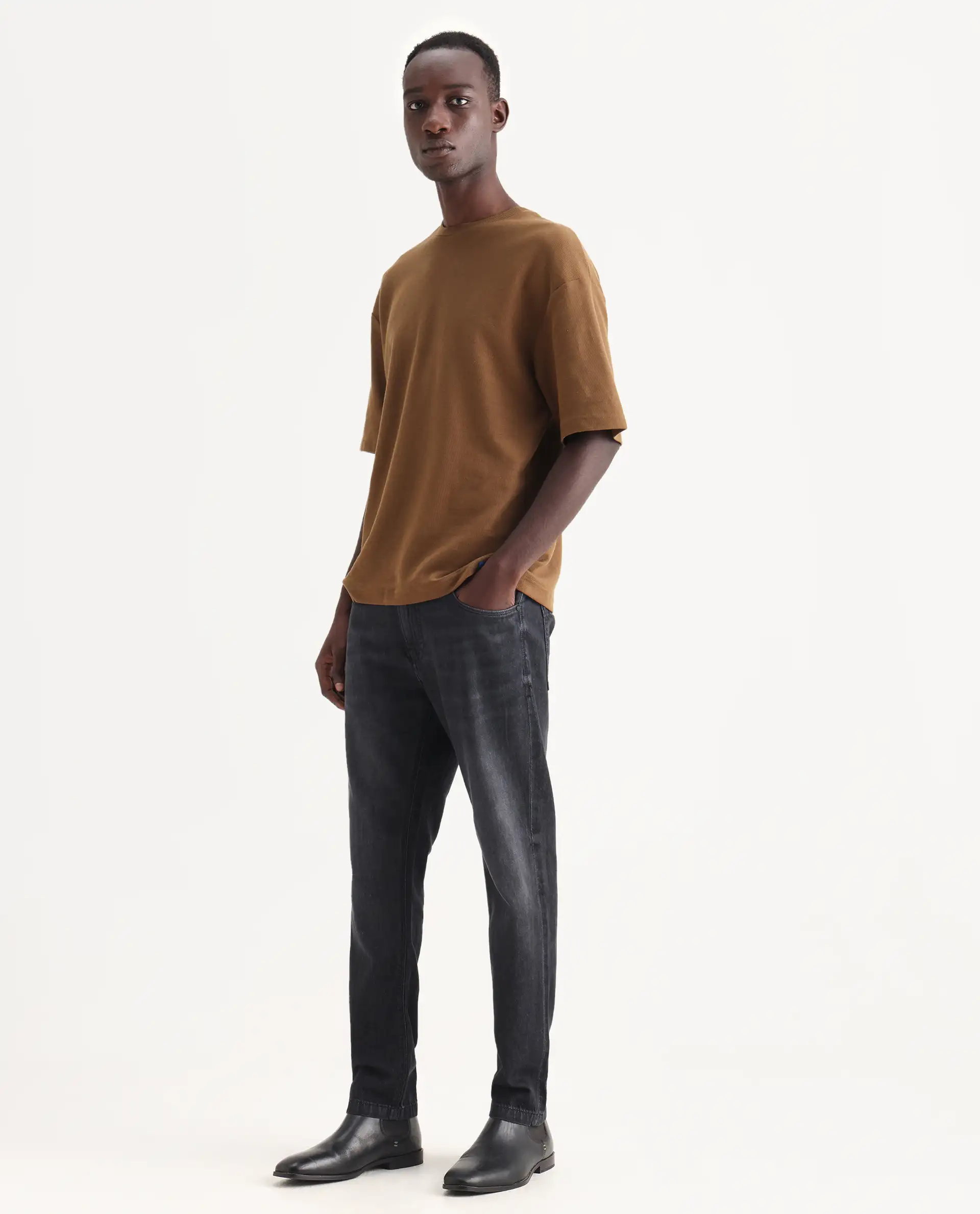 Rare Rabbit Men's Kairo-1 Black Cotton Plain Kurt Carrot Fit Jeans - Image 5