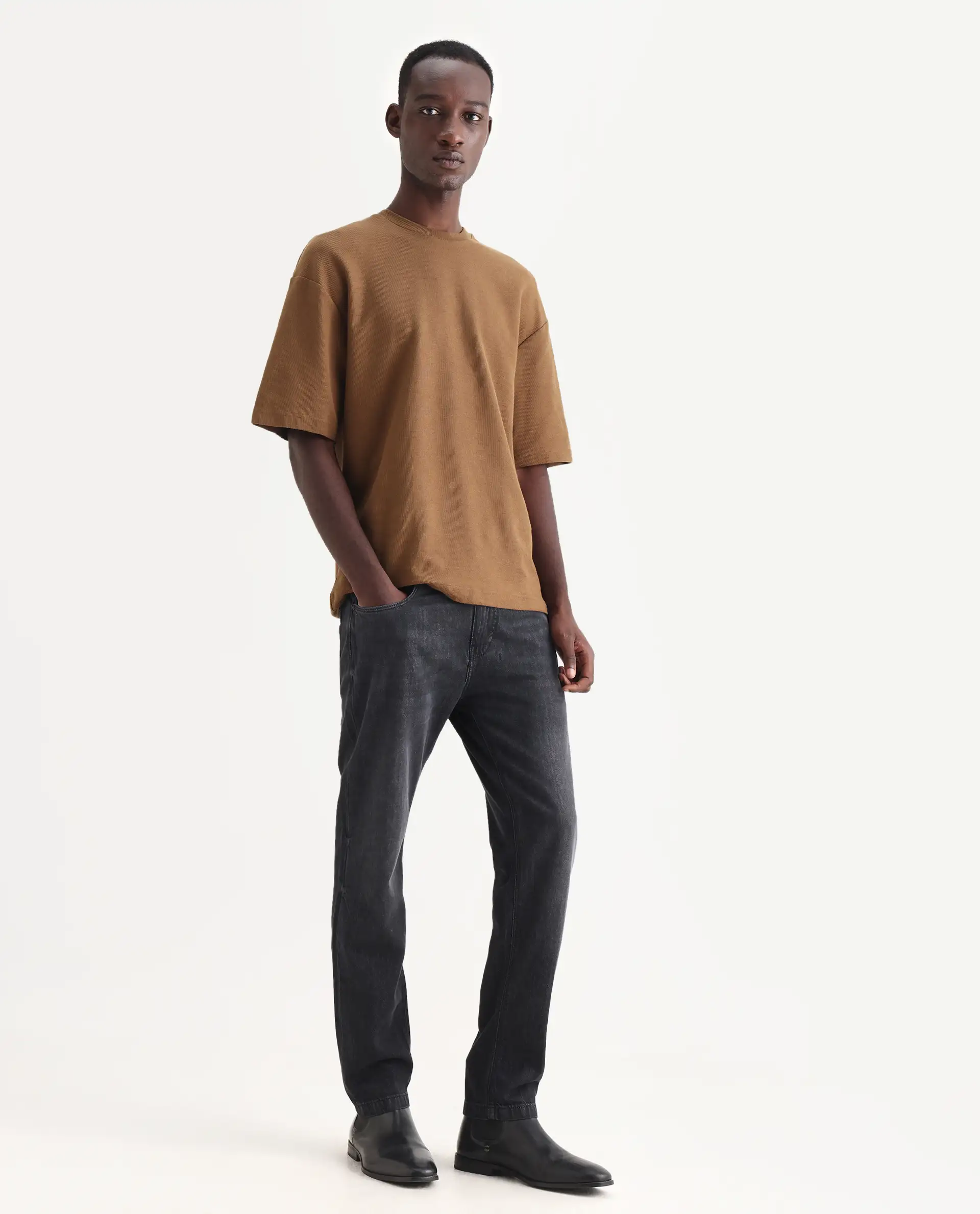 Rare Rabbit Men's Kairo-1 Black Cotton Plain Kurt Carrot Fit Jeans - Image 6
