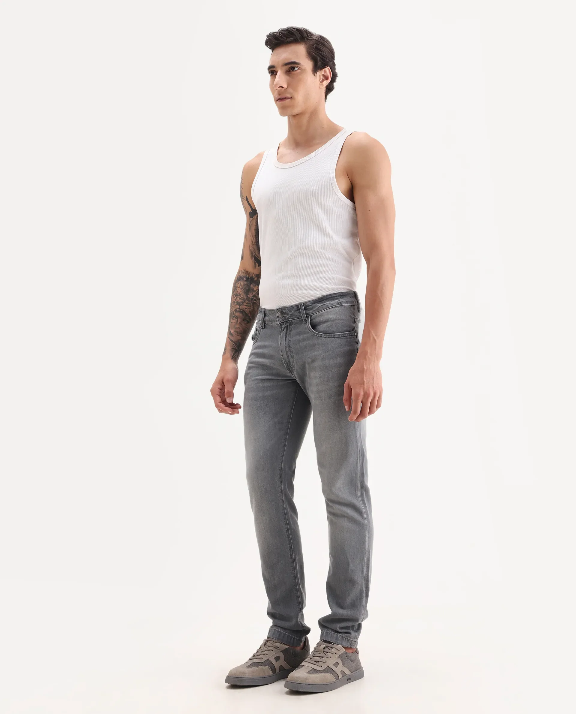 Rare Rabbit Men's Kairo-2 Grey Cotton Fabric Kurt Carrot Plain Jeans - Image 4