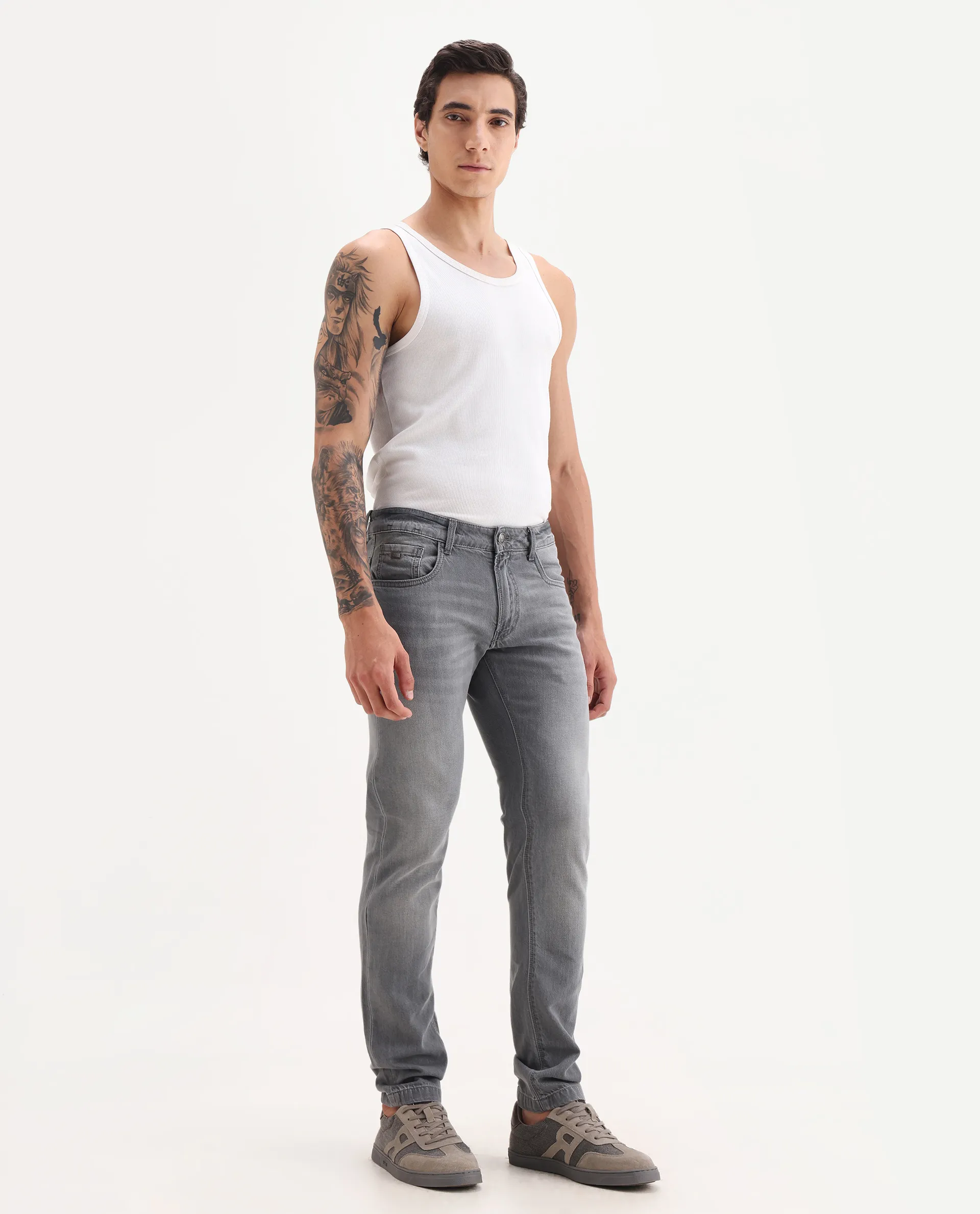 Rare Rabbit Men's Kairo-2 Grey Cotton Fabric Kurt Carrot Plain Jeans - Image 5